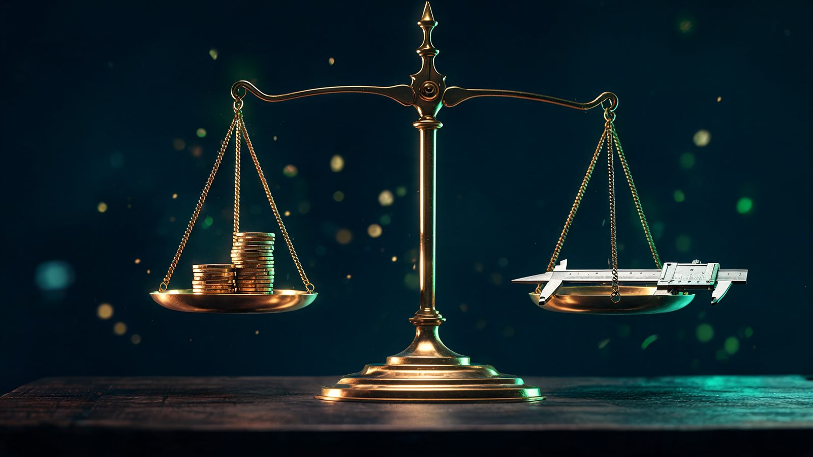 A brass balance scale weighing a stack of coins against a measuring caliper on a dark desk