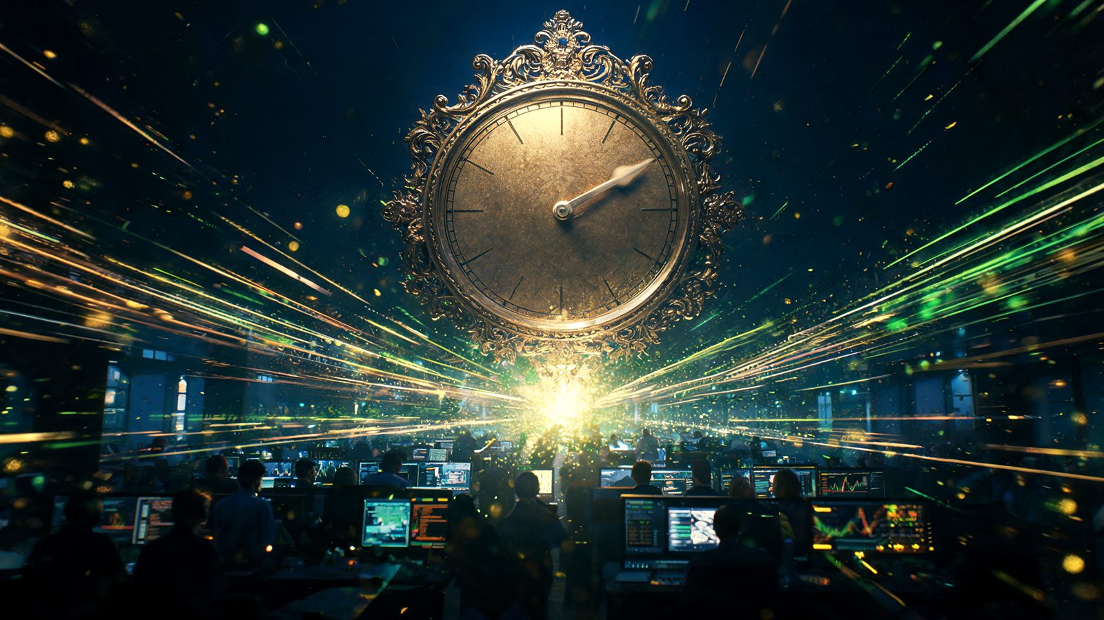 A large ornate clock face above a trading floor with dense streams of light converging toward a single bright closing point
