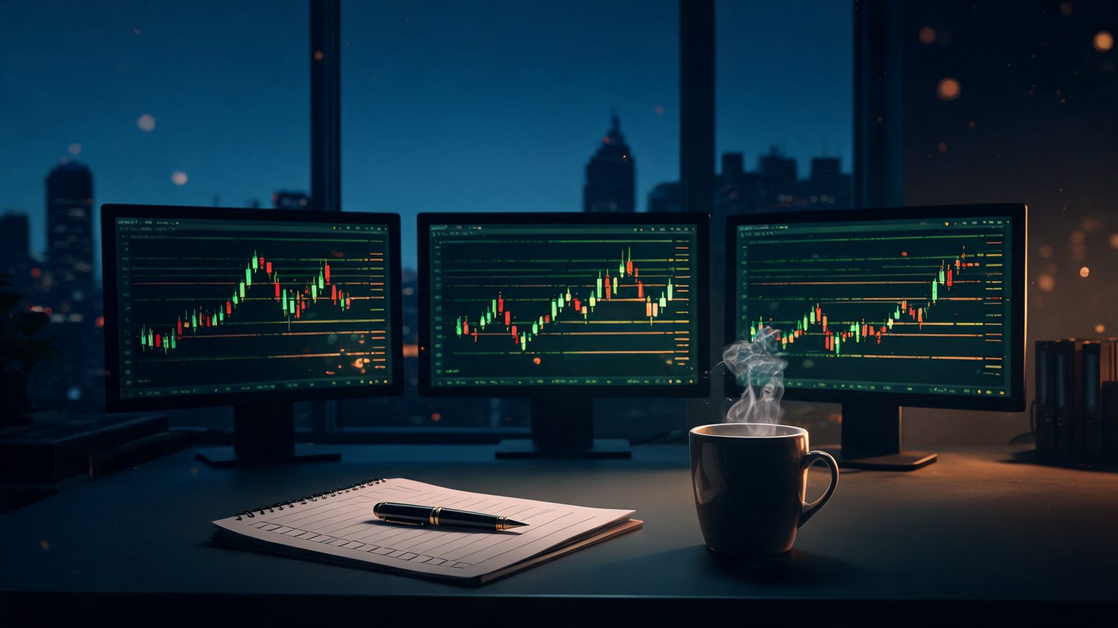 A trading desk long before dawn with a steaming mug beside dark monitors showing pre-marked horizontal levels on a candlestick chart, a handwritten checklist and pen resting in the foreground