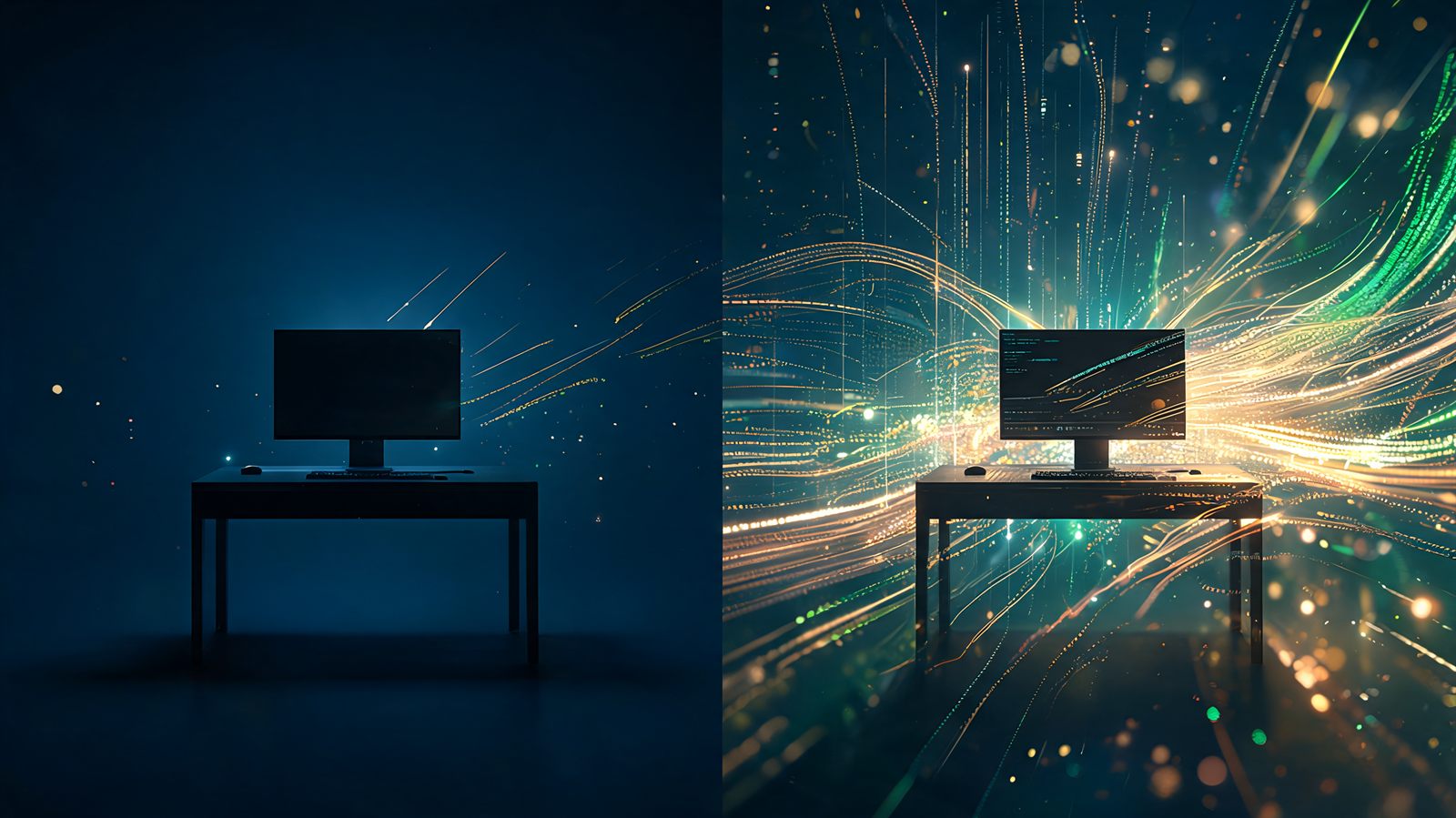 A split scene contrasting one dim monitor at a quiet desk before dawn with the same desk surrounded by dense streams of light in daylight