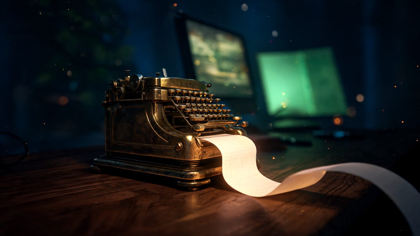 A vintage brass adding machine on a dark walnut trading desk with a long paper tape curling out of it catching warm gold light