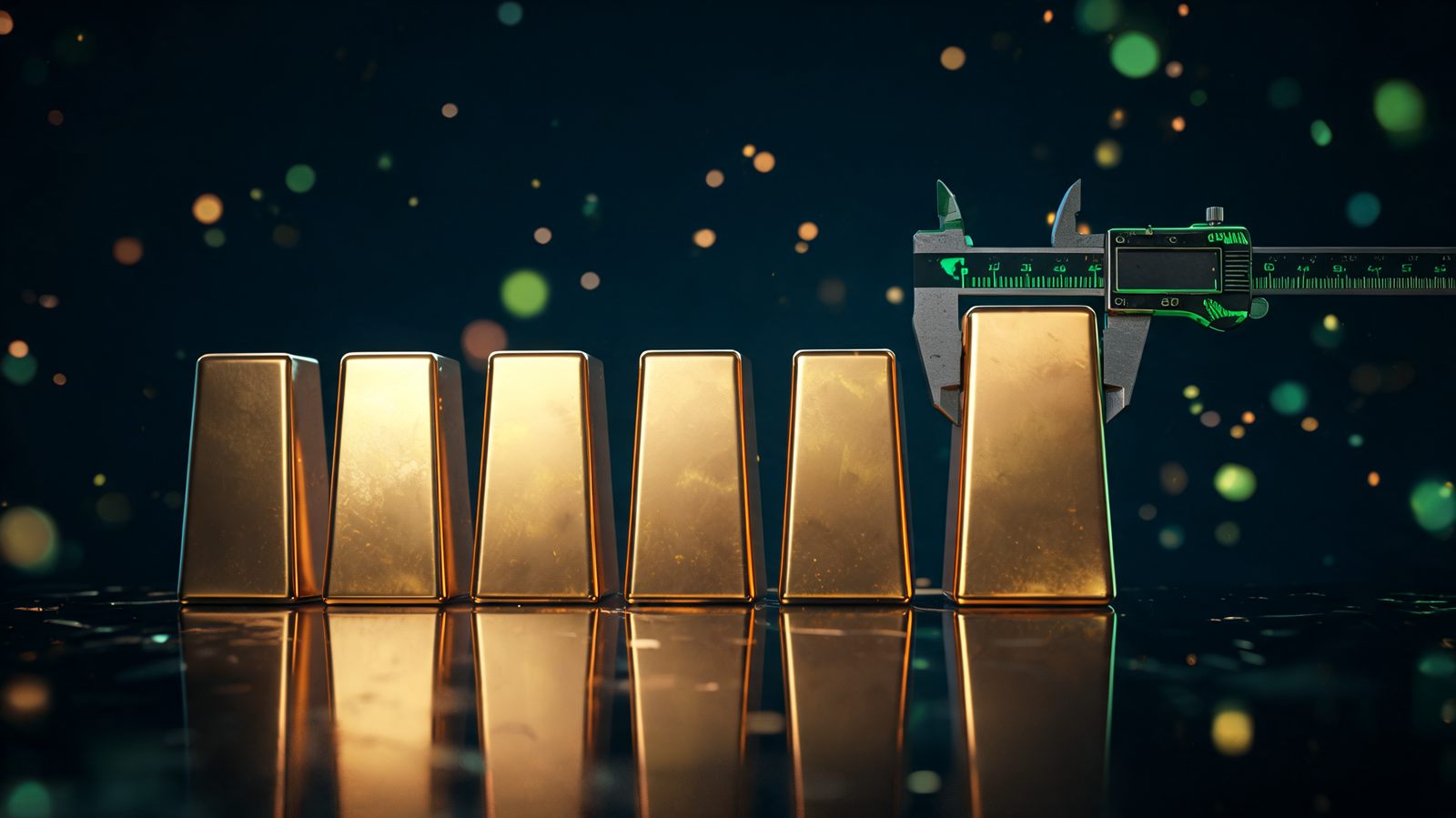 A row of evenly matched glowing gold bars beside one oversized outlier bar being levelled down by a precision caliper