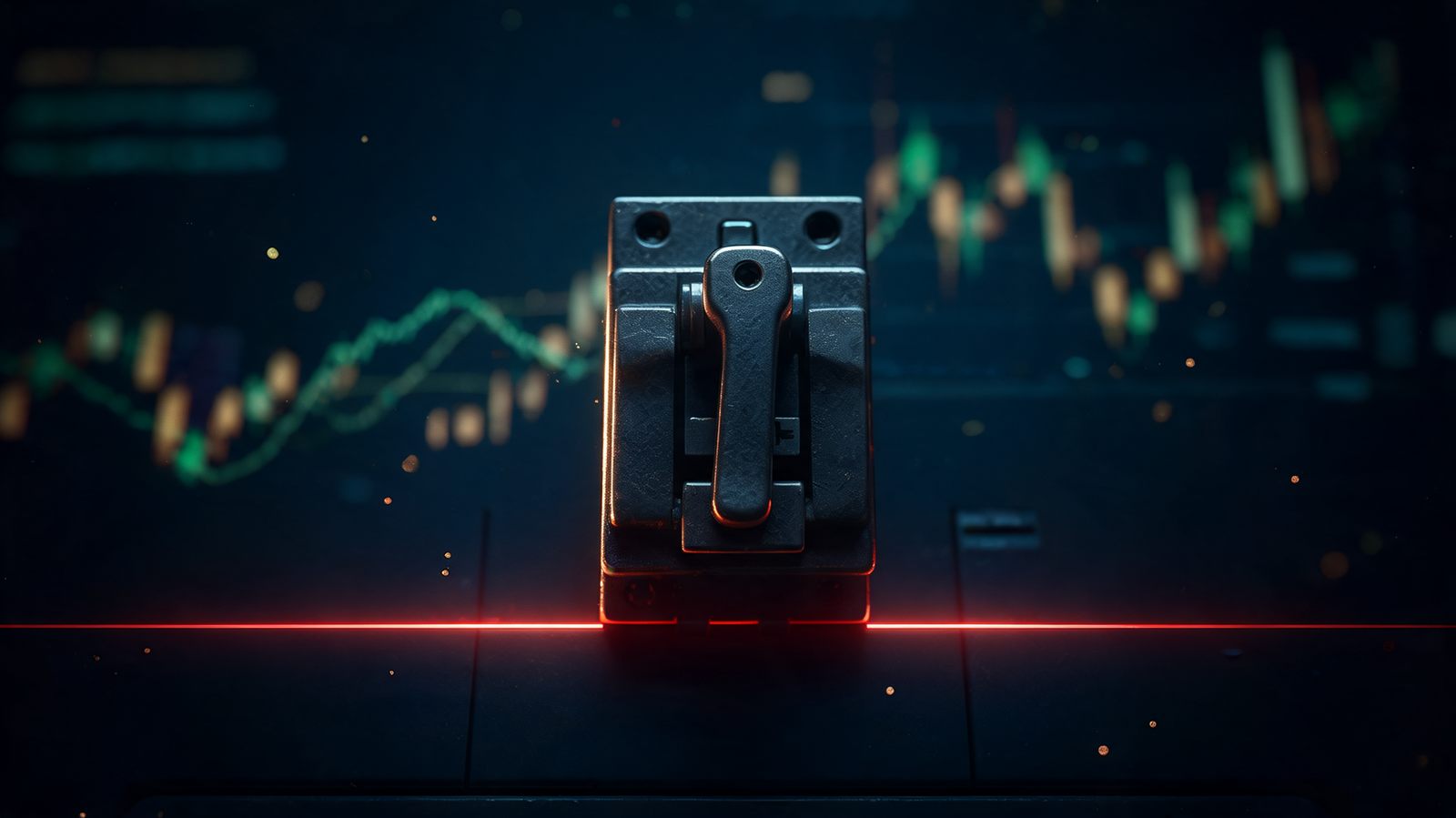 A heavy circuit breaker switch thrown to the off position above a single glowing red threshold line on a dark control panel