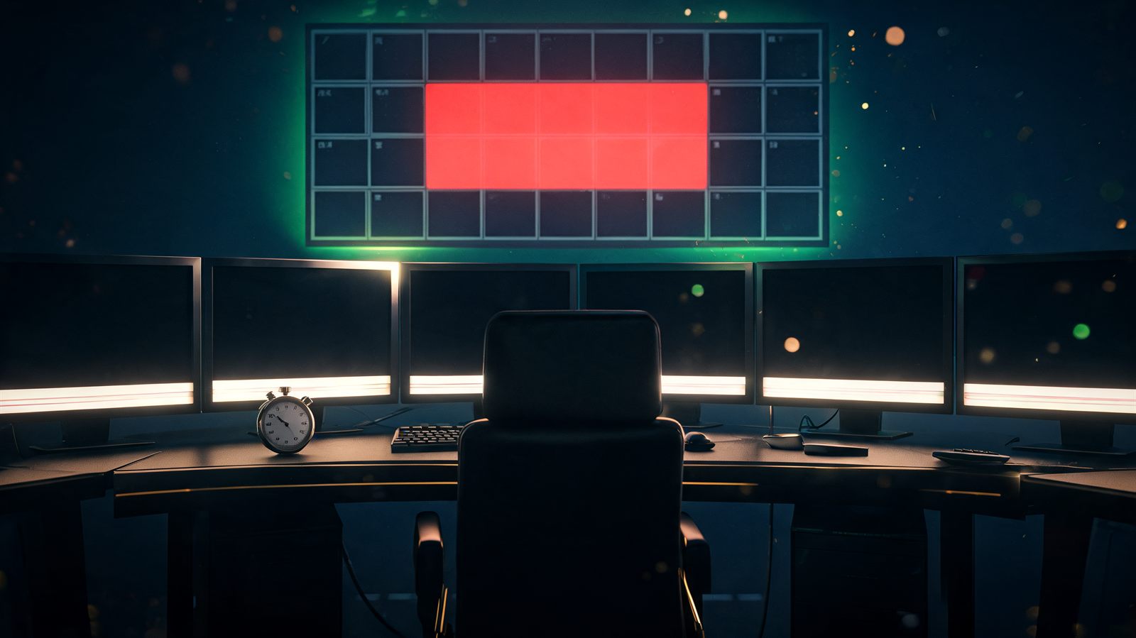 A darkened trading desk with an economic calendar display on the wall, one time window blocked out in red, and a paused stopwatch resting beside the keyboard