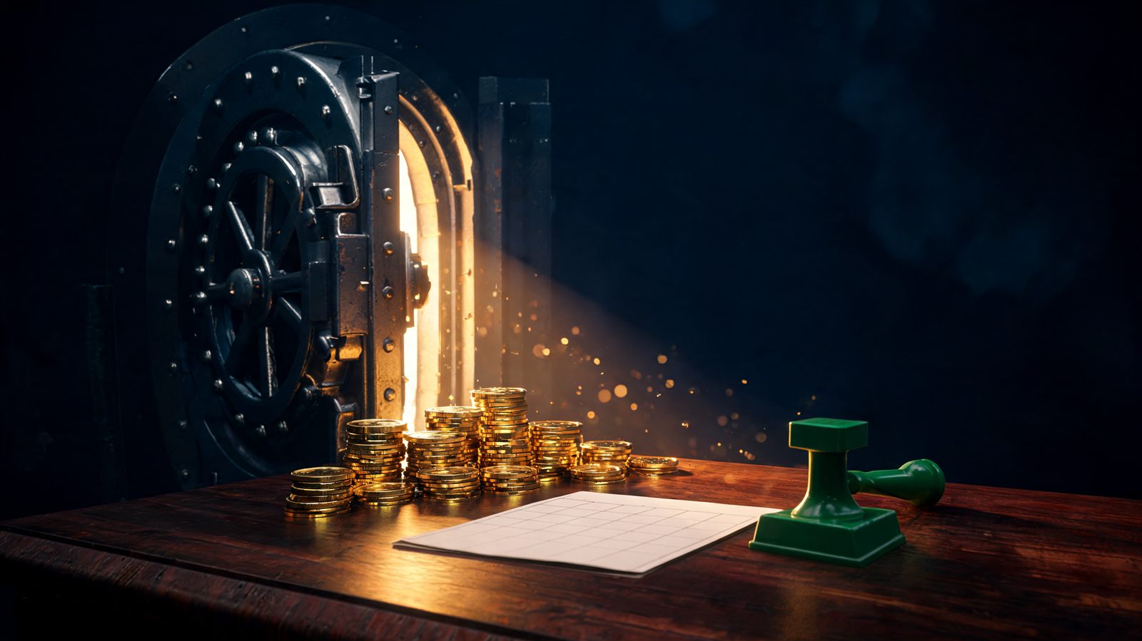 A vault door standing slightly ajar with warm light spilling onto a stack of gold coins, a calendar page and an approval stamp on a dark desk
