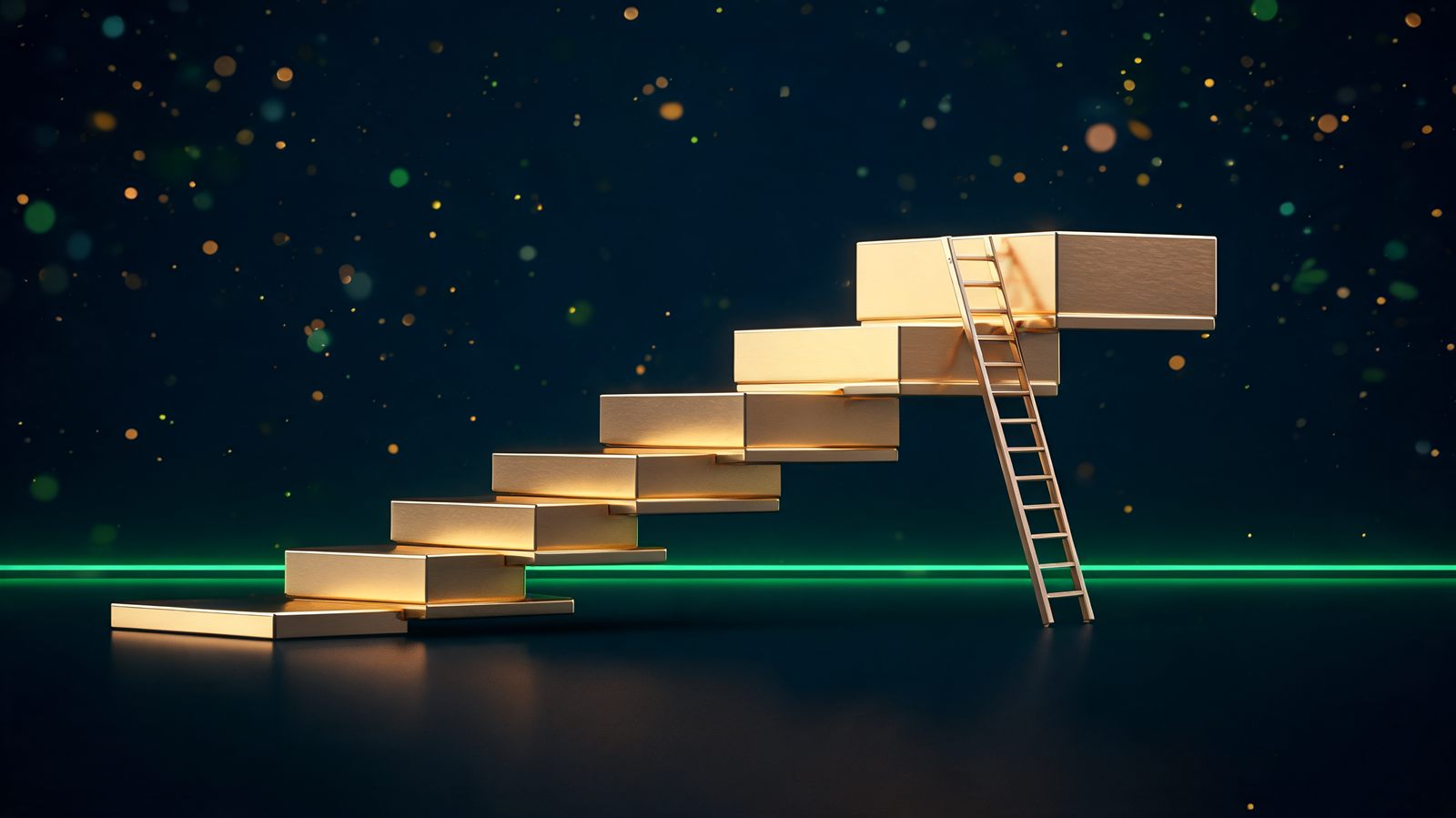 Ascending golden platforms rising like a staircase with a ladder against the tallest and a flat emerald measuring line running beneath them