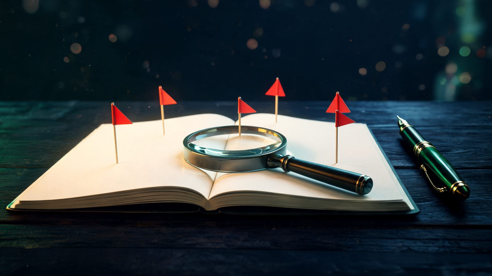 An open legal contract on a dark desk under a magnifying glass with several small red warning flags planted in the pages and an unused fountain pen beside it