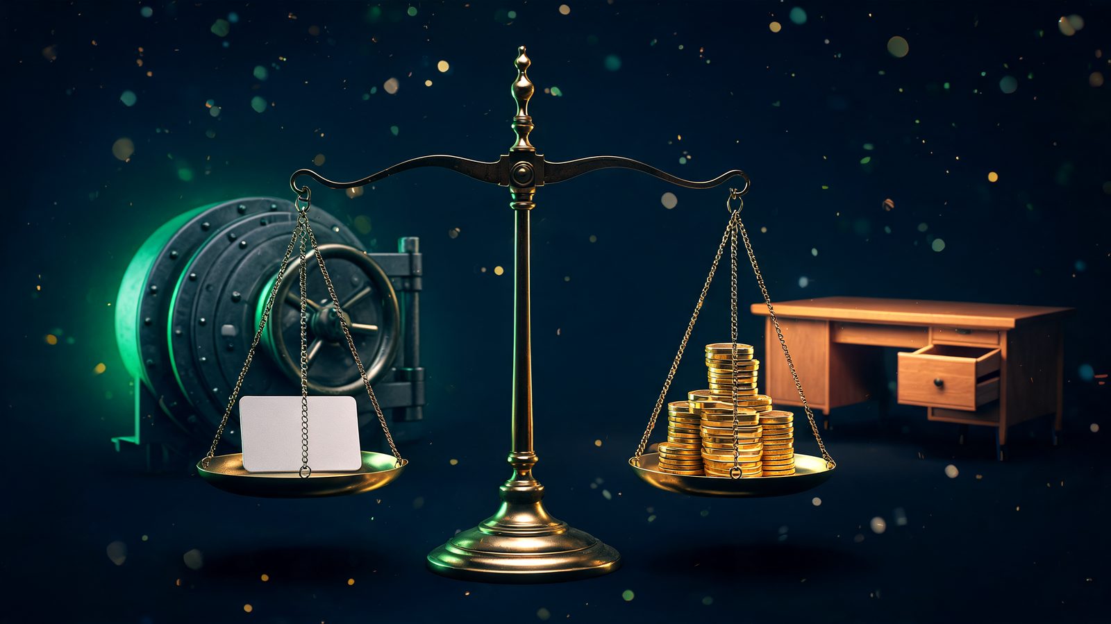 Balance scales weighing a borrowed institutional keycard against a personal stack of coins
