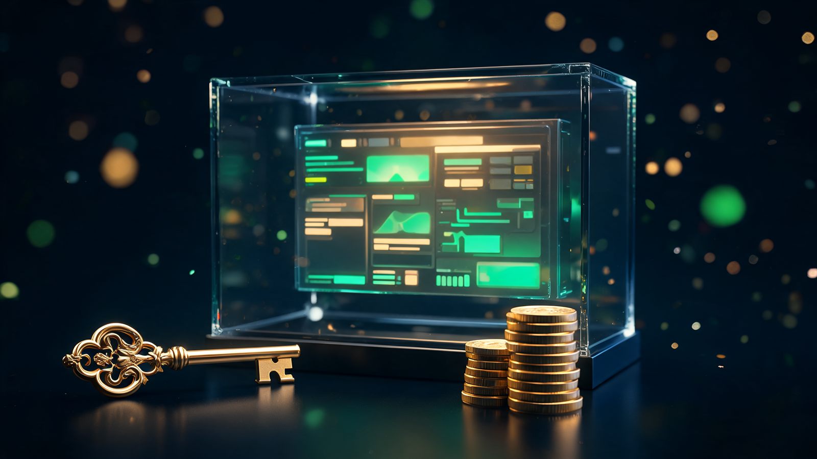 A glowing trading terminal sealed inside a clear glass display case, with a single ornate key and a stack of gold coins resting outside it