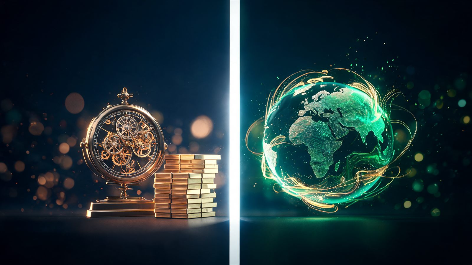 A split composition divided by a beam of light, with a precise mechanical exchange clock and stacked contract blocks on one side and a globe of flowing interconnected currency streams on the other