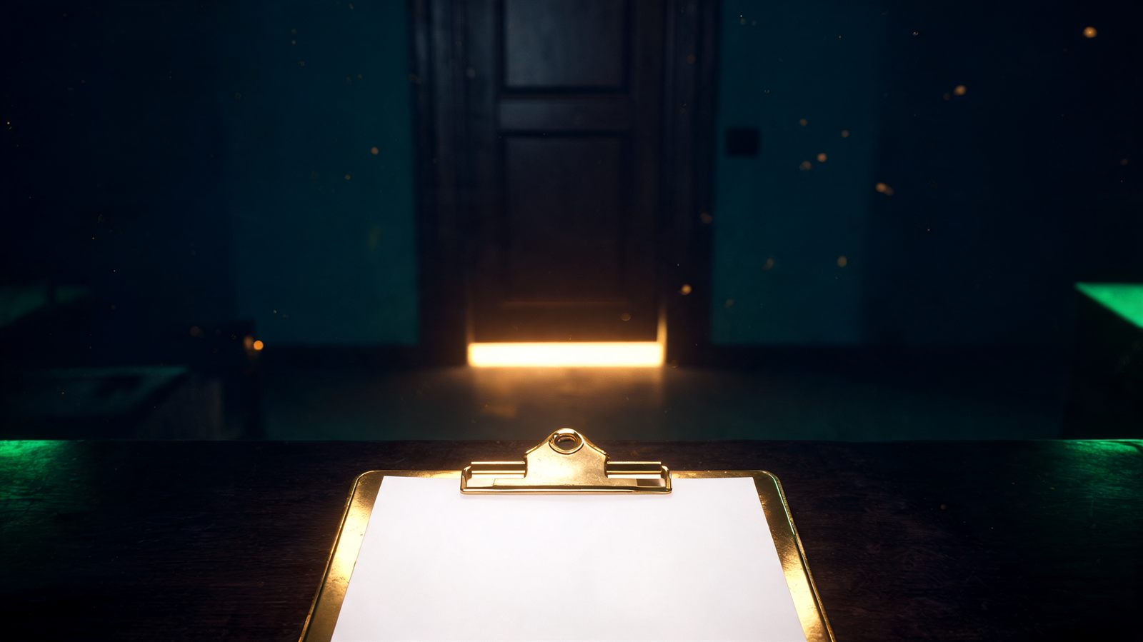 A brass clipboard holding a blank checklist on a dark desk in front of a closed door with light beneath it