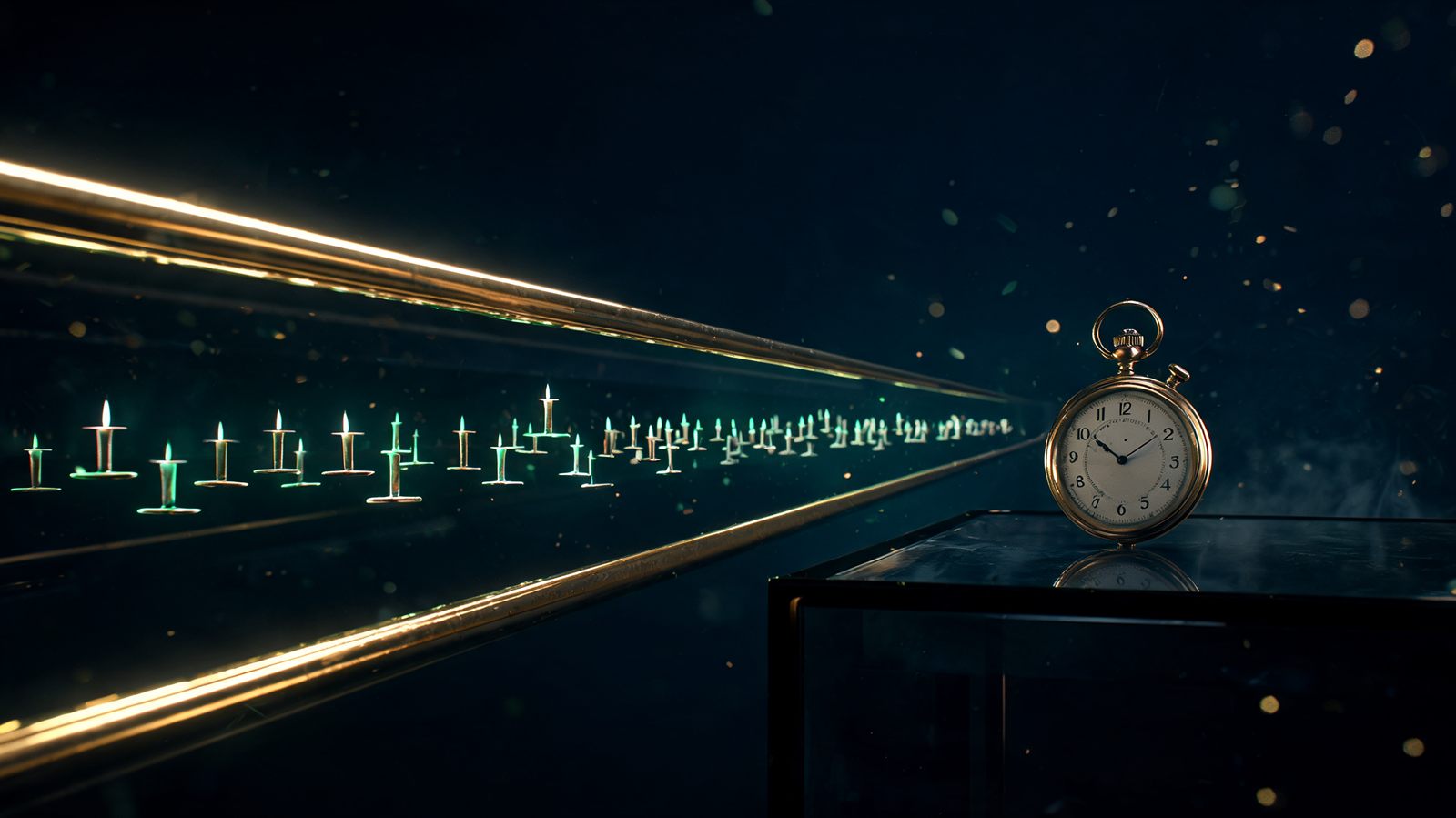 A tight corridor of small flat candlesticks drifting sideways between two glowing gold rails, with a still brass stopwatch resting on the dark desk beside them