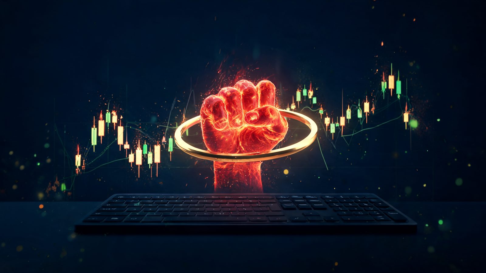 A clenched fist of molten red light above a trading keyboard, restrained by a circling band of calm gold light as a broken candlestick chart burns out behind it