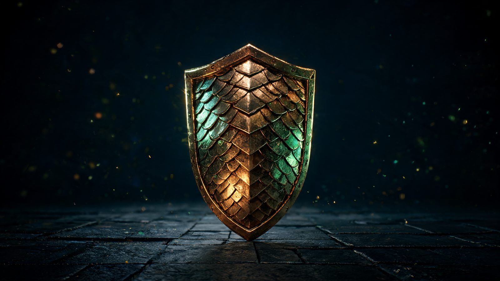 A tall burnished metal shield of overlapping layered plates standing upright on a dark stone floor