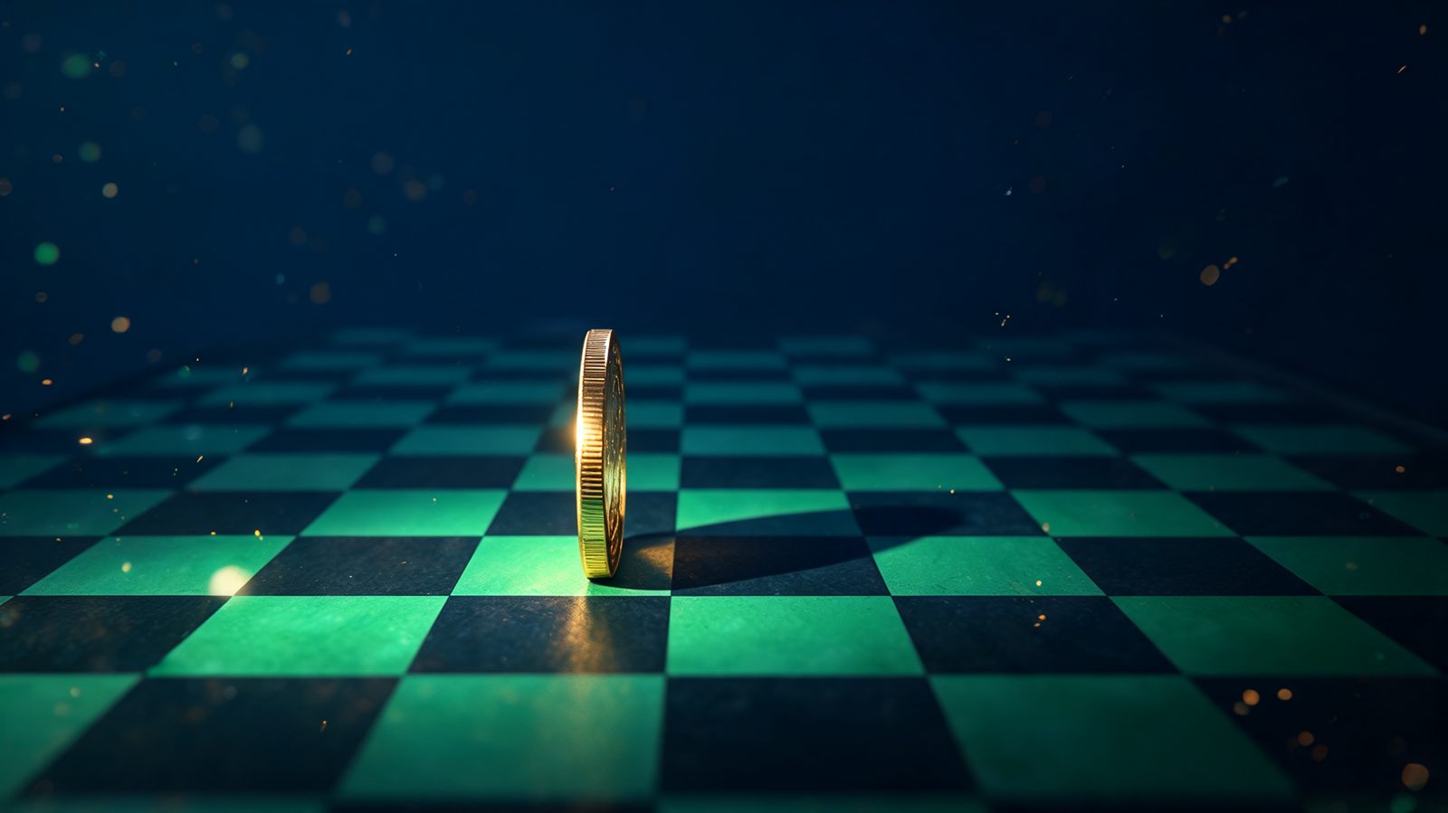 A single gold coin standing on edge on a chessboard, casting a long shadow toward the board's edge