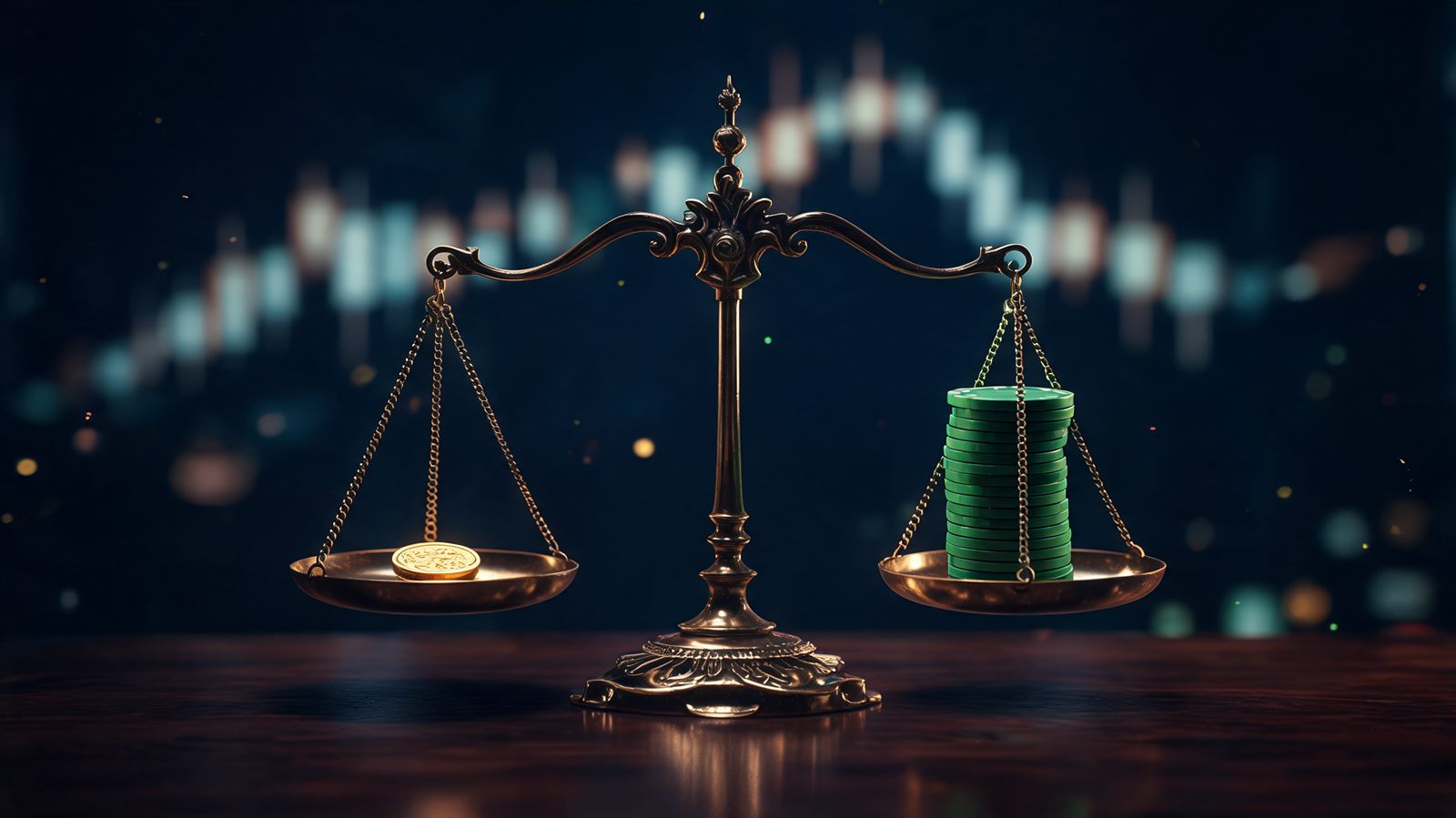 An antique brass balance scale on a dark desk holding one gold coin against three stacked emerald chips, a blurred candlestick chart glowing behind it