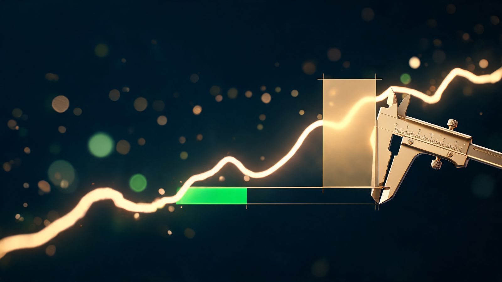 Risk and reward zones marked as bands on a glowing price chart beside a measuring caliper