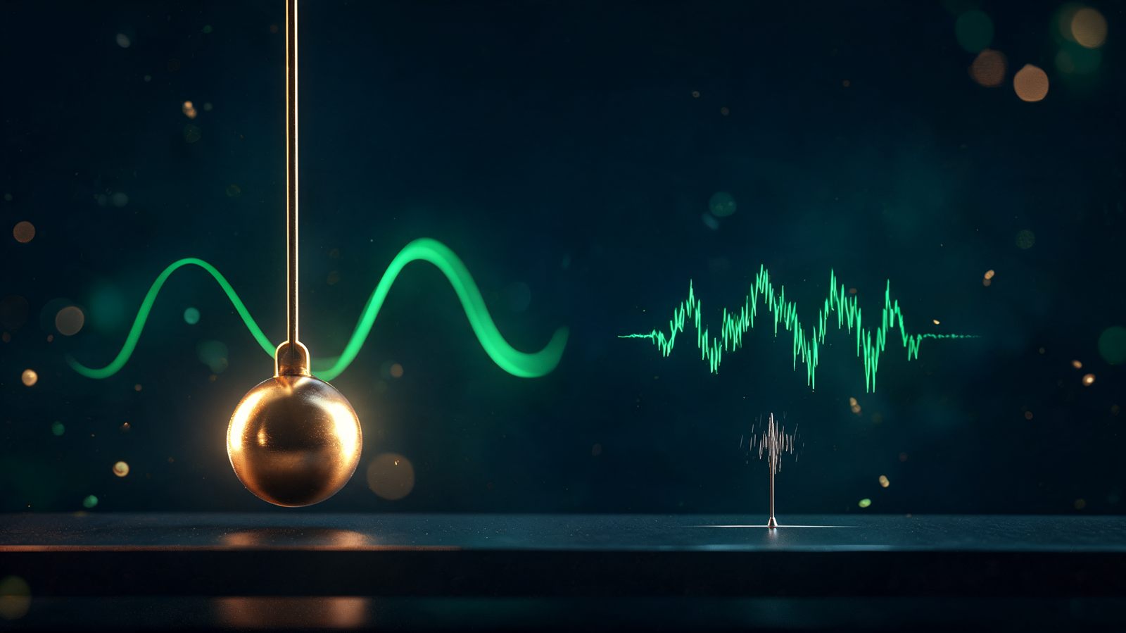 A large brass pendulum swinging in slow measured arcs beside a tiny frantically vibrating needle, with a glowing oscillating wave traced behind them