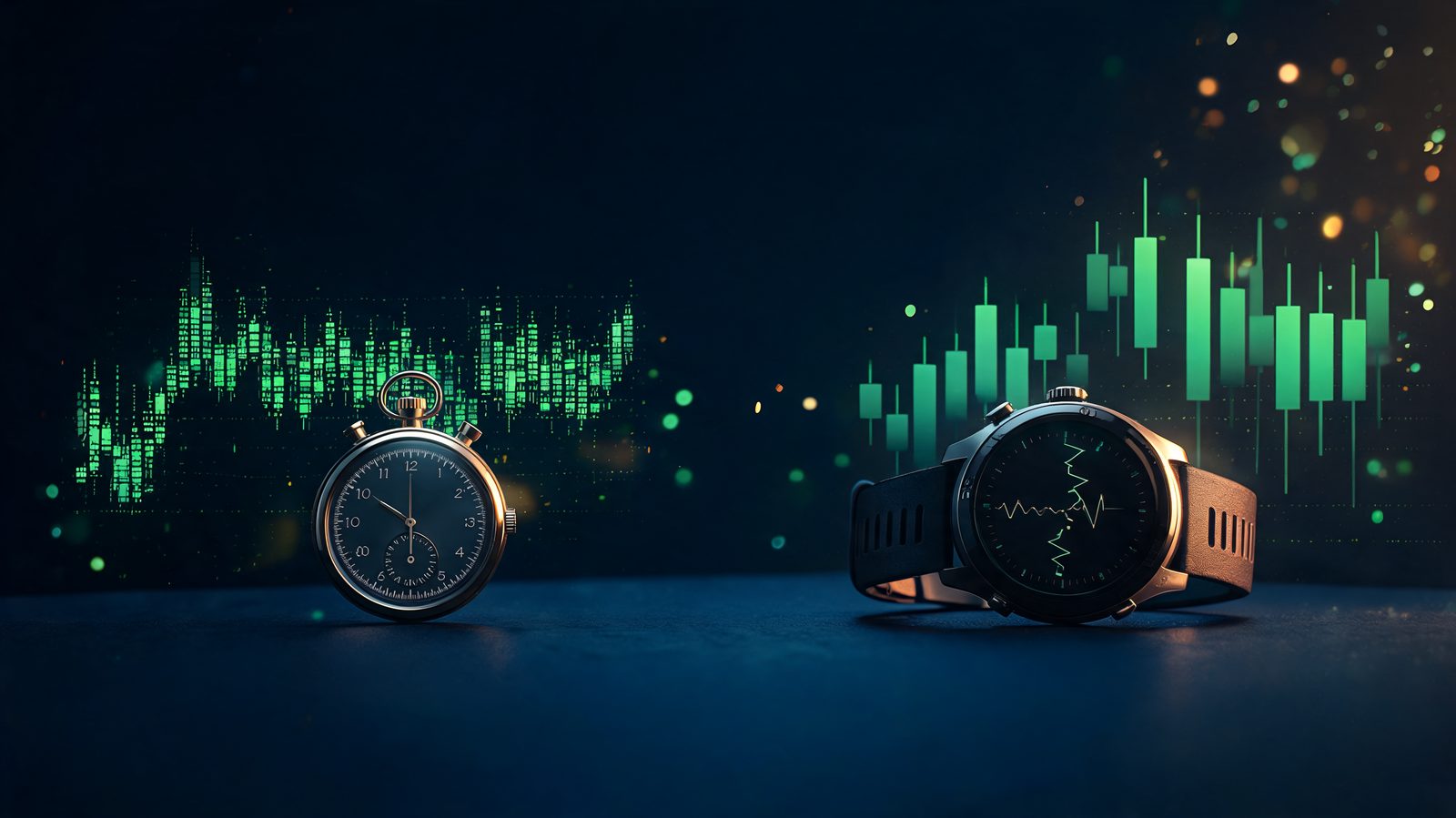 A sprinter's stopwatch beside a long-distance pacing watch on a dark trading desk with two charts at different timeframes