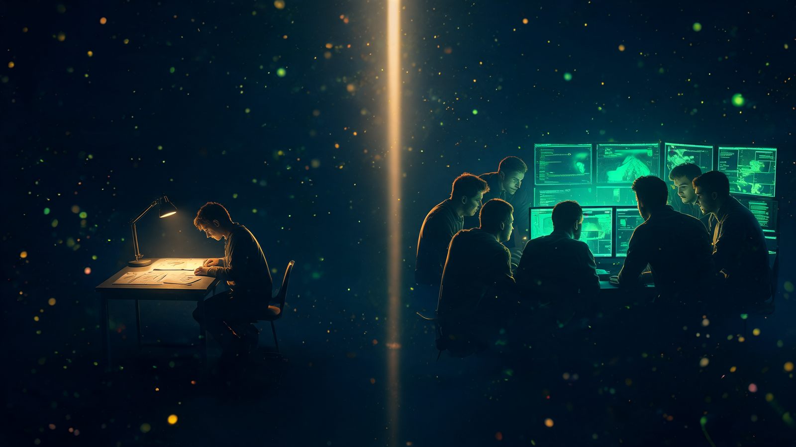 A lone trader studying at a lamp-lit desk beside a group gathered around shared glowing screens