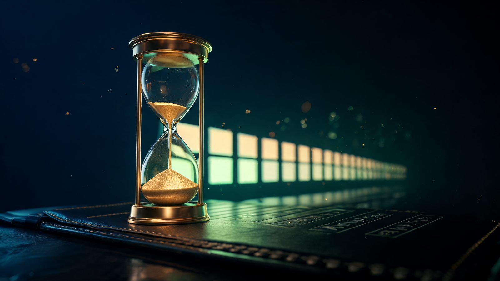 An hourglass with its glowing sand nearly run through, standing on a polished ledger surface with a row of calendar squares receding behind it