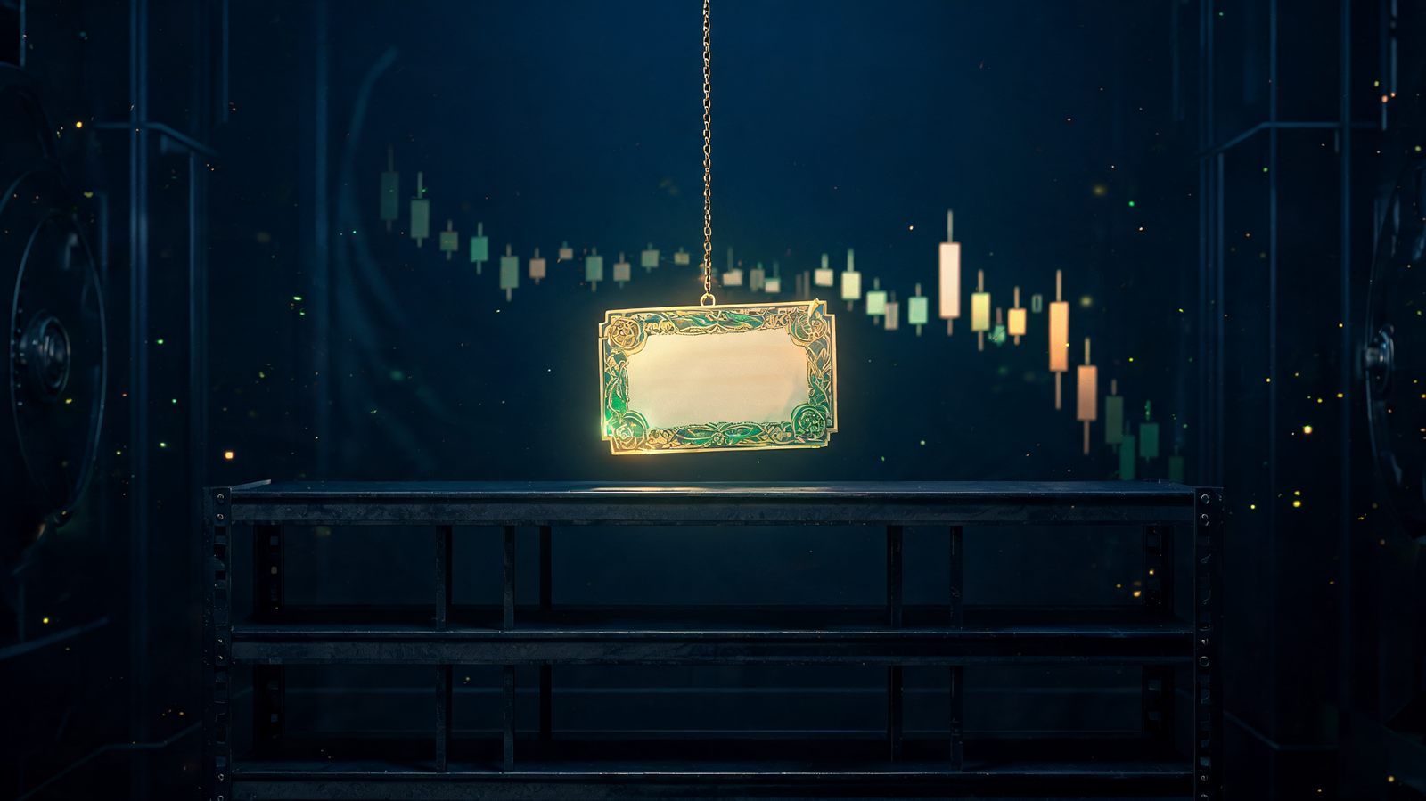 A glowing share certificate suspended by a taut chain above an empty vault shelf, with a faint descending candlestick chart behind it