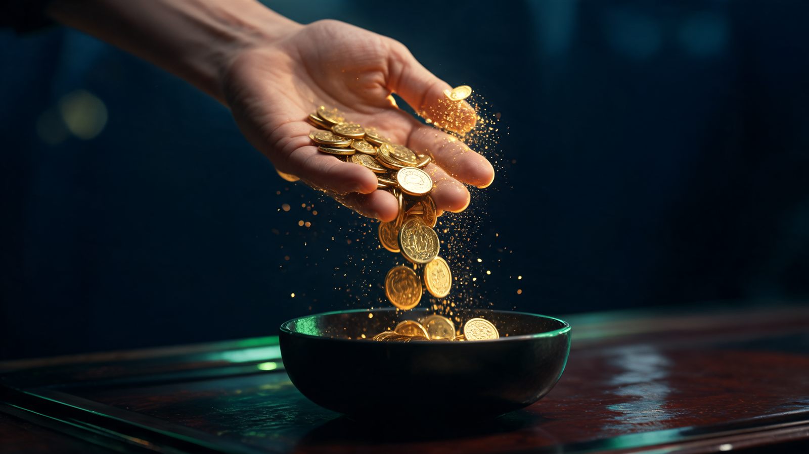 Gold coins pouring from a cupped hand into a dark bowl, with a fine dust of coins escaping between the fingers