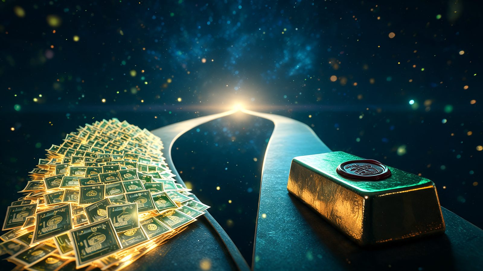 Two diverging paths in dark space, one lined with many small glowing share certificates, the other with a single large sealed contract ingot