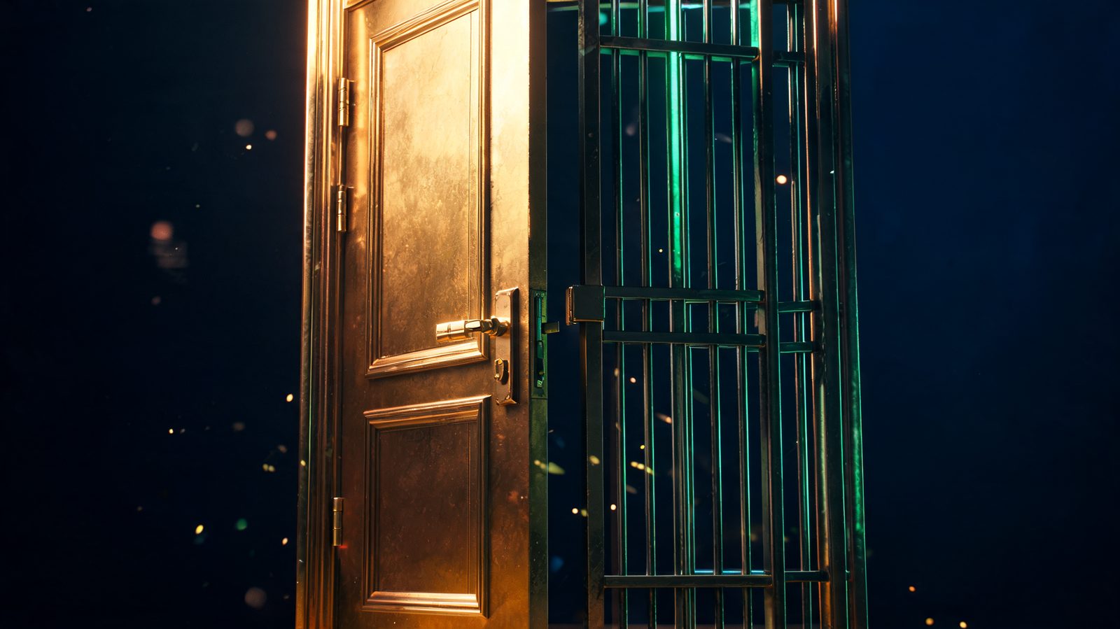 A heavy brass door swung open by a released latch but blocked by a narrow steel gate beyond it, leaving a gap of darkness between the two