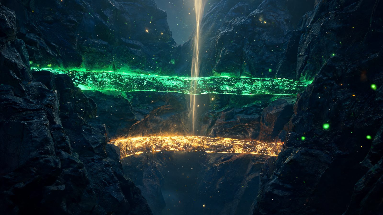 A dark canyon wall cut away to reveal two thick glowing horizontal bands of ore, one emerald and one amber, with a thin ribbon of light descending between them