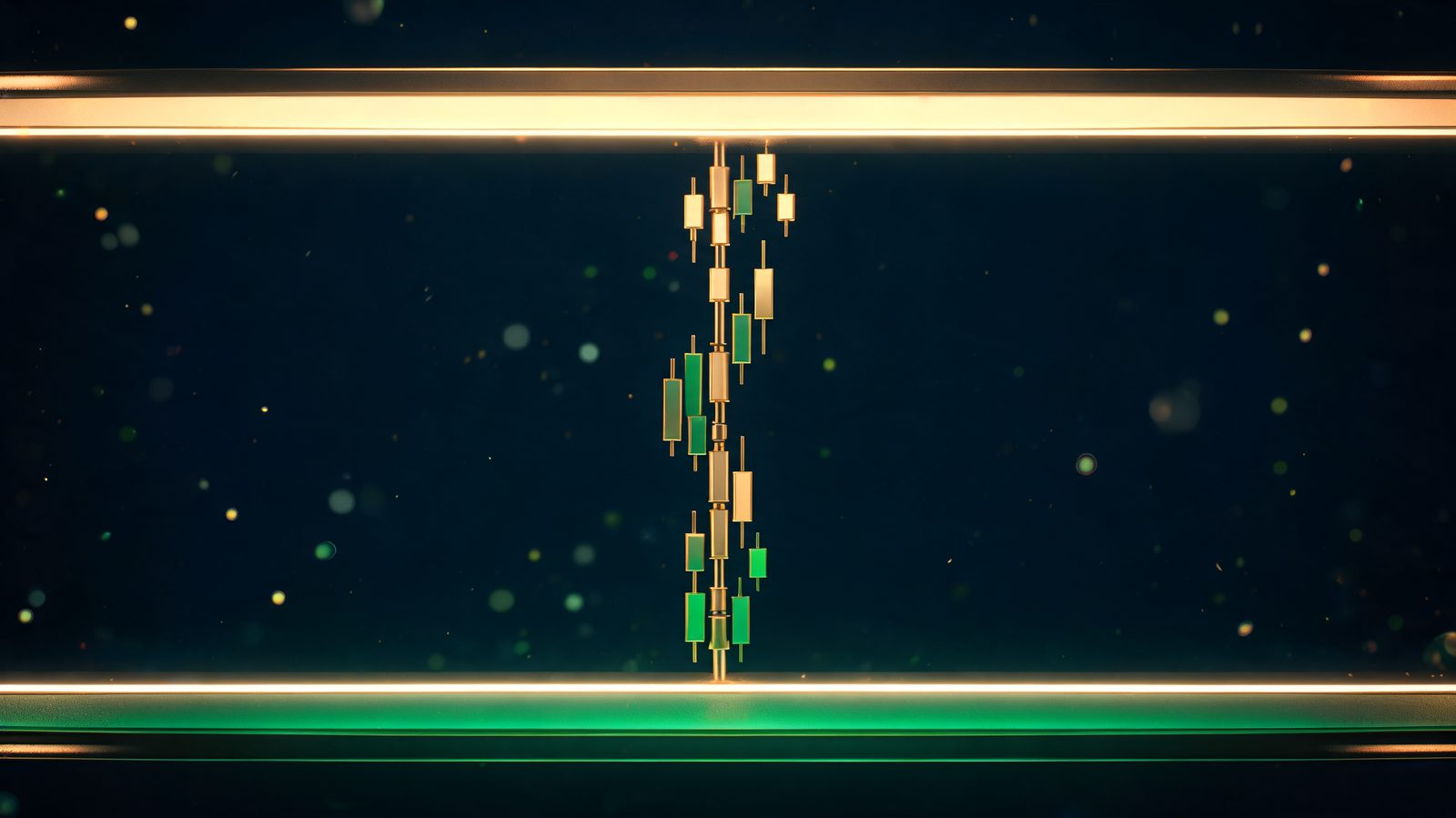 Horizontal ledges of light above and below a column of candlestick bars