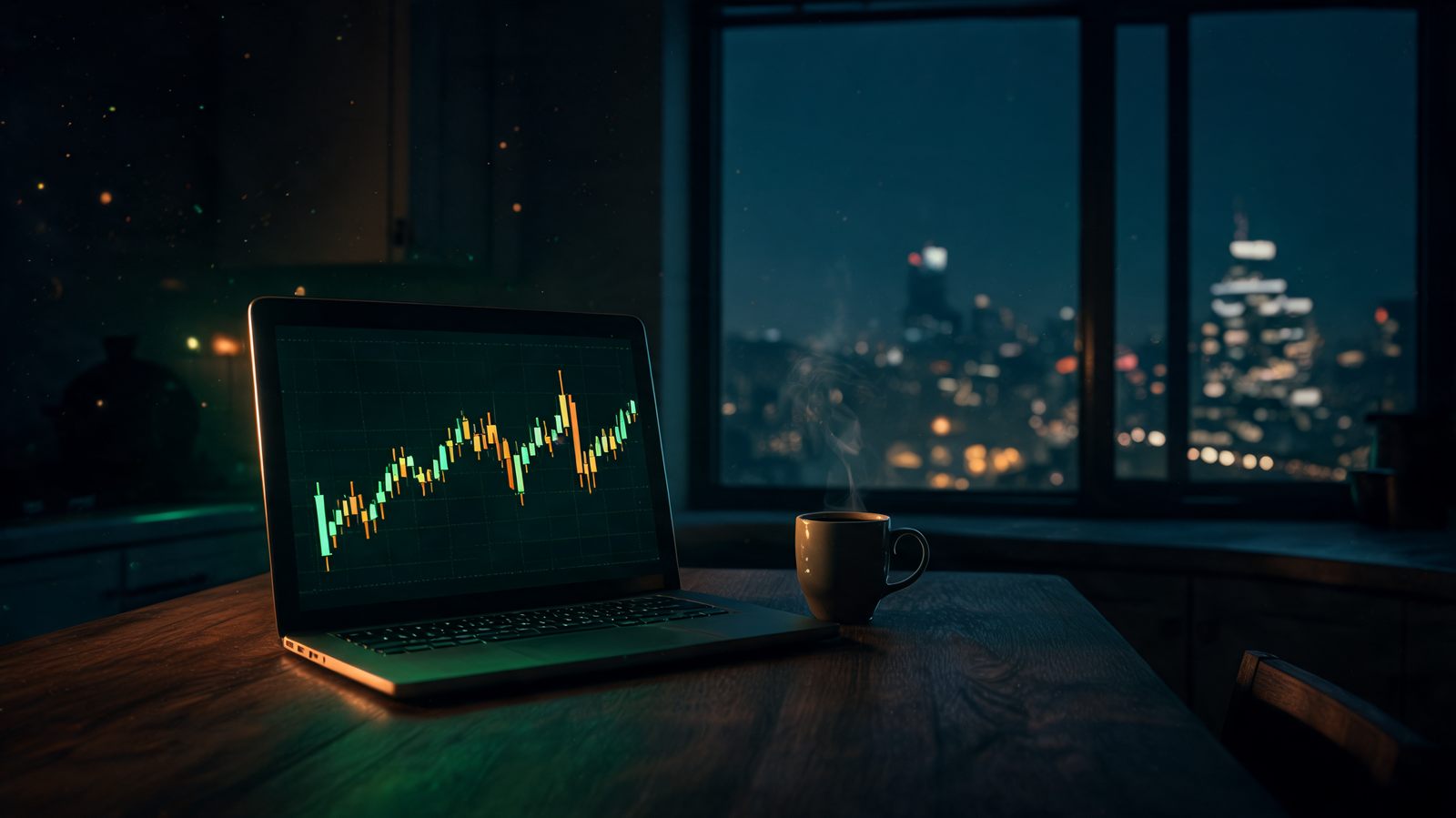 A laptop showing a multi-day swing chart on a kitchen table at night with a city skyline behind