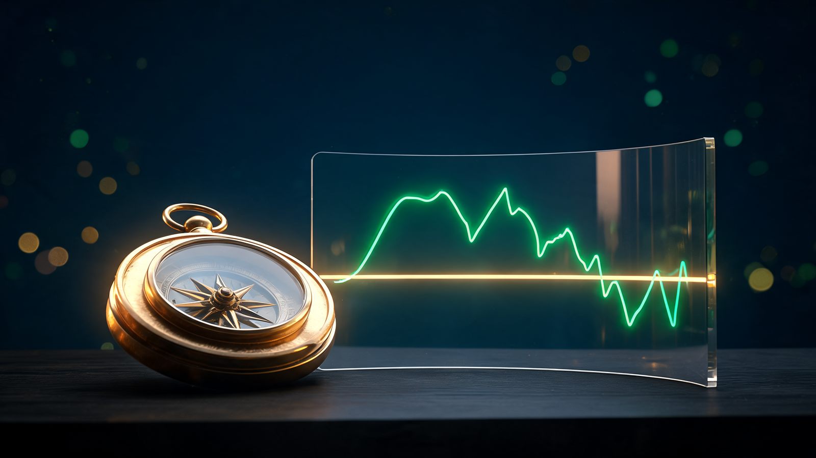 A brass navigational compass on a dark desk beside a single illuminated price chart with one glowing horizontal level
