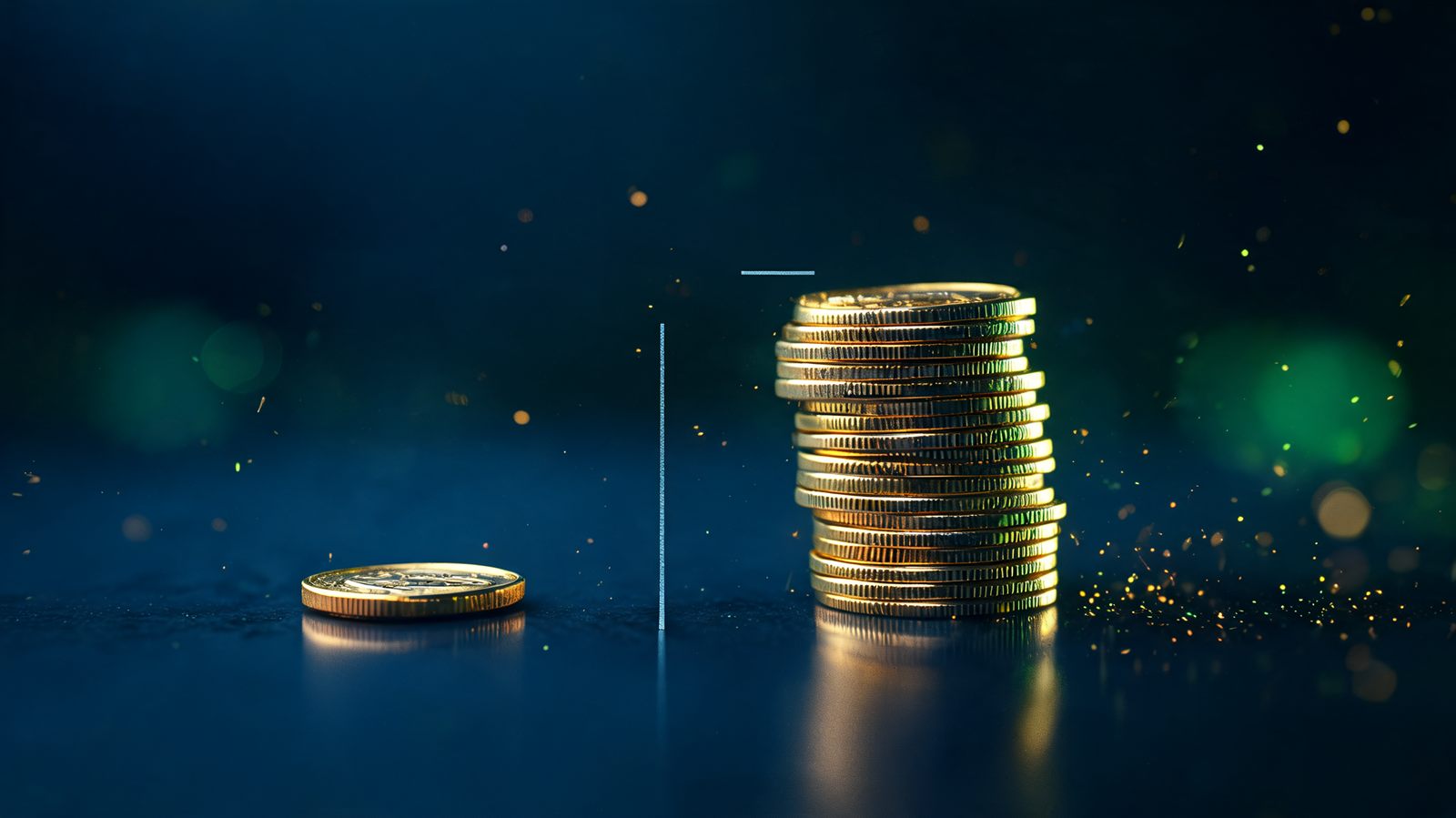 One small gold coin set apart from a tall stack of coins by a single thin line scored across a dark polished surface