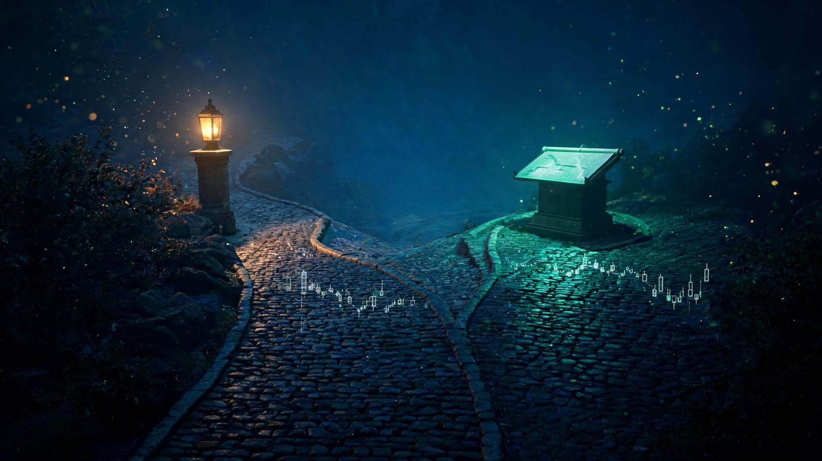 A dark path forking between a glowing signal beacon and an open blueprint on a plinth