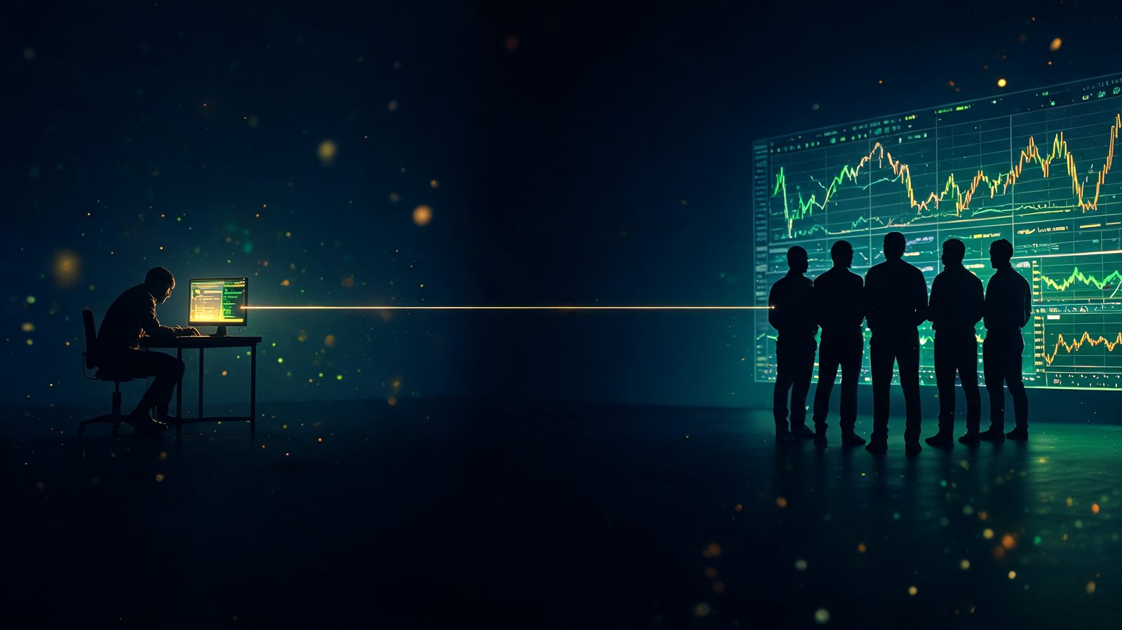 A dark room split in two: one lone trader hunched over a single glowing screen on the left, a group of five traders standing together in front of a shared wall of charts on the right, a thin gold line of light connecting them