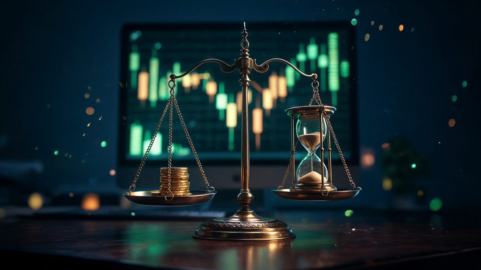 Brass balance scale weighing gold coins against an hourglass on a dark trading desk