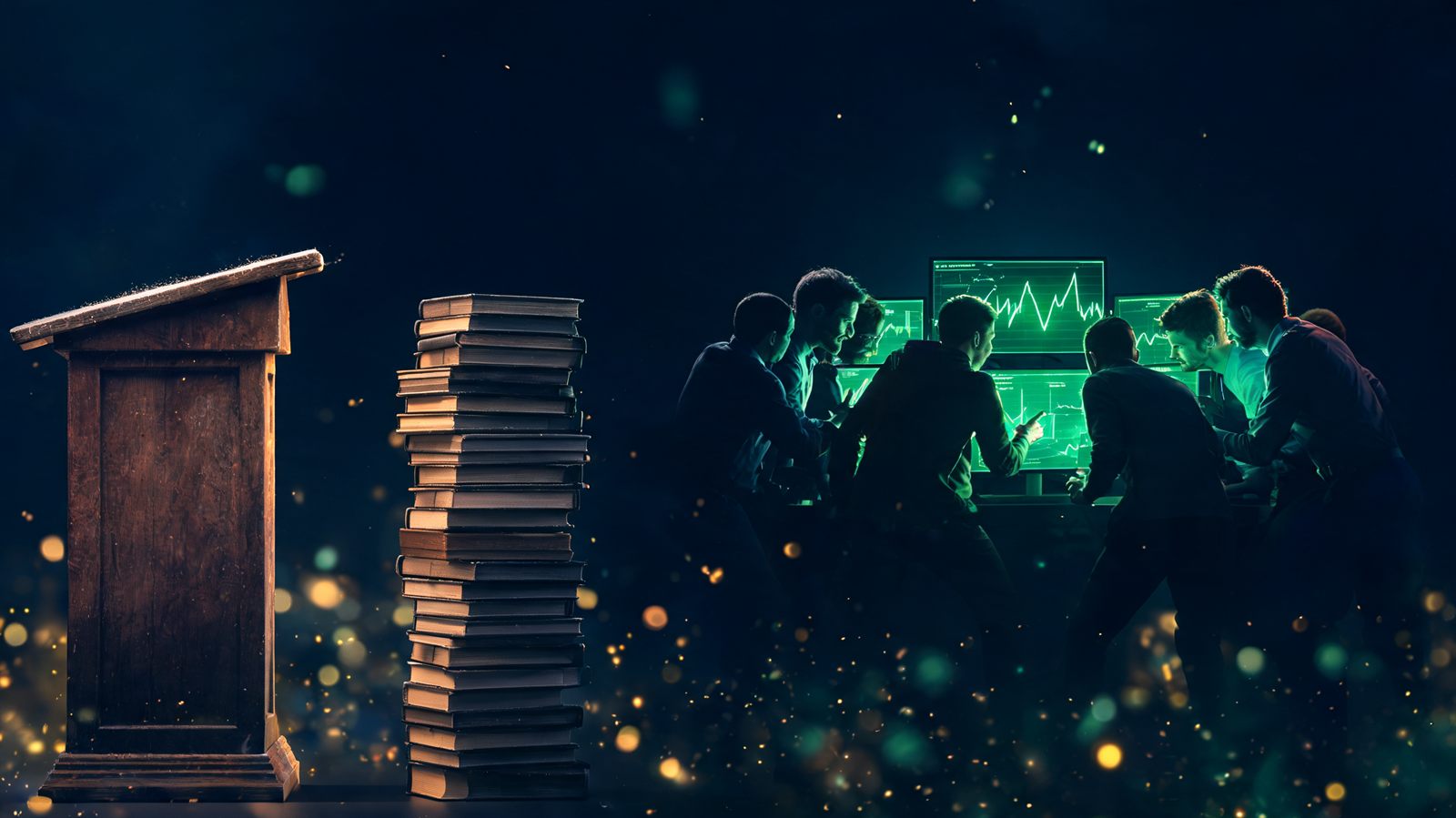 A stack of closed course books and an empty podium on one side, a live circle of traders around glowing screens on the other