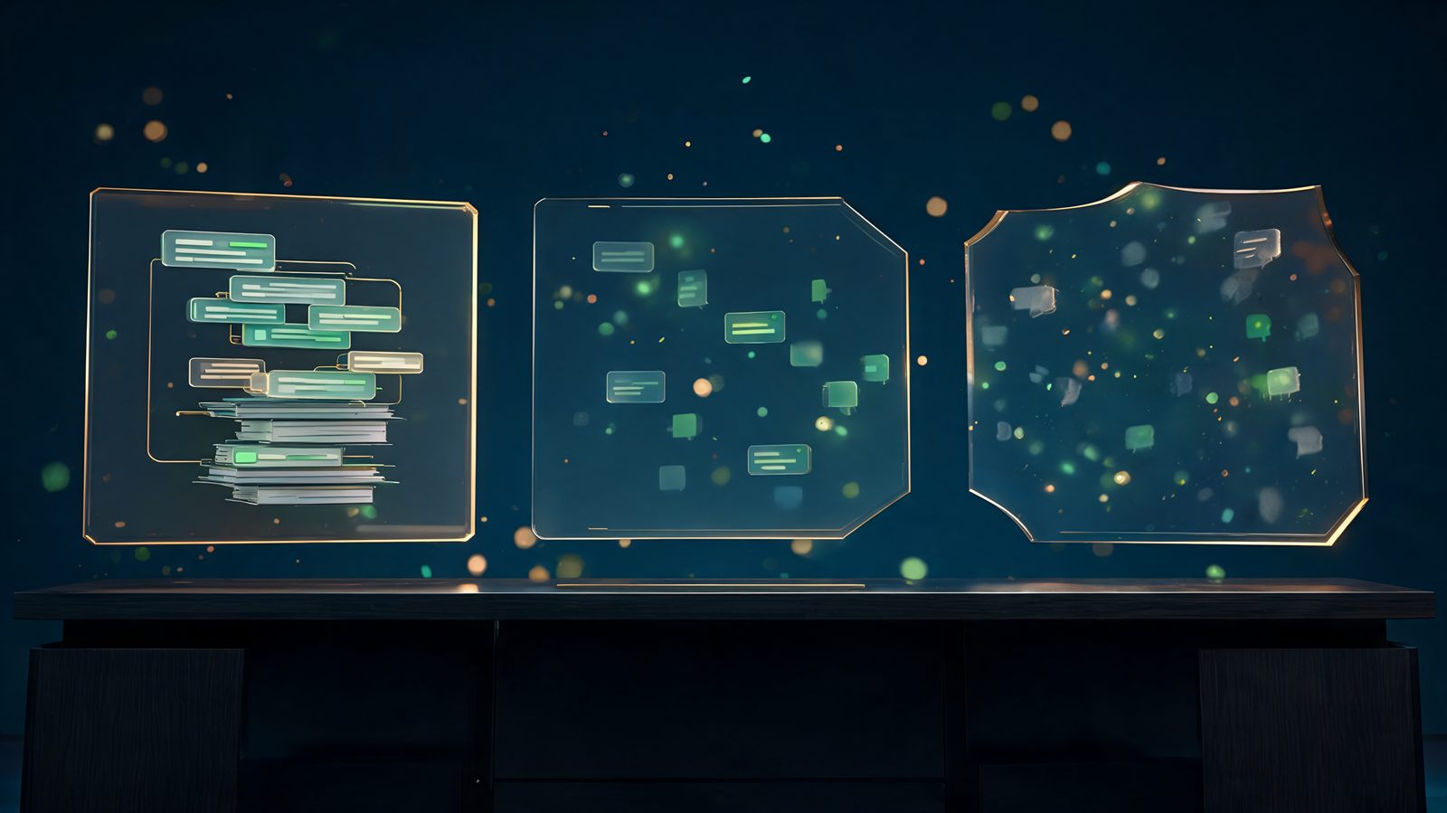 Three floating glass chat panels above a dark trading desk, one neatly archived and the others scattered