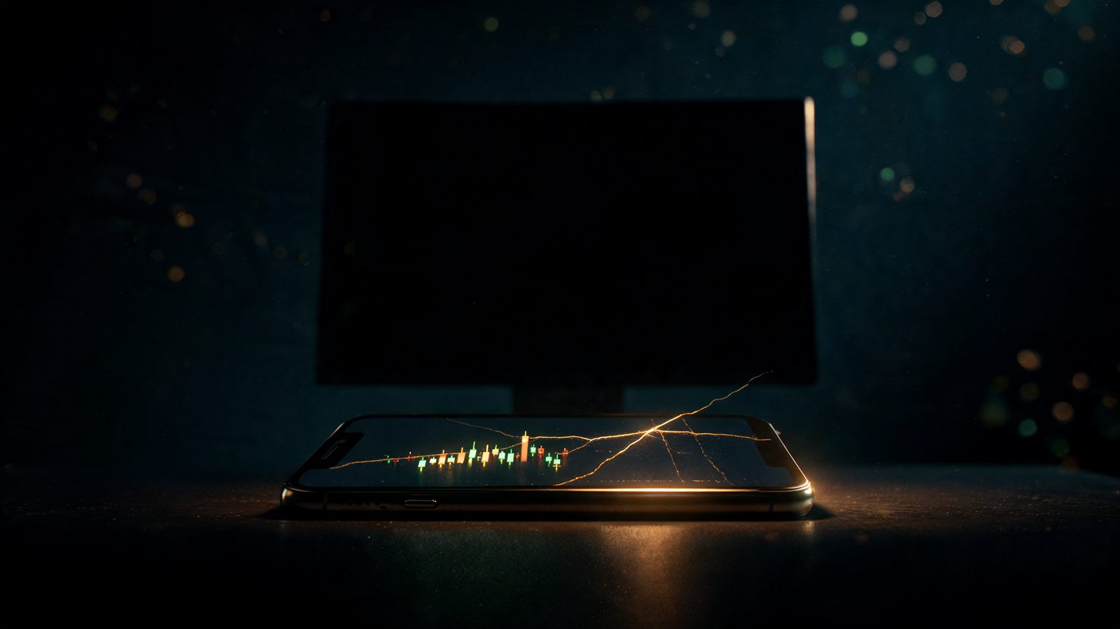 A smartphone lying on a dark desk showing a small candlestick chart with a gold crack running across the glass, a large unlit monitor looming behind it