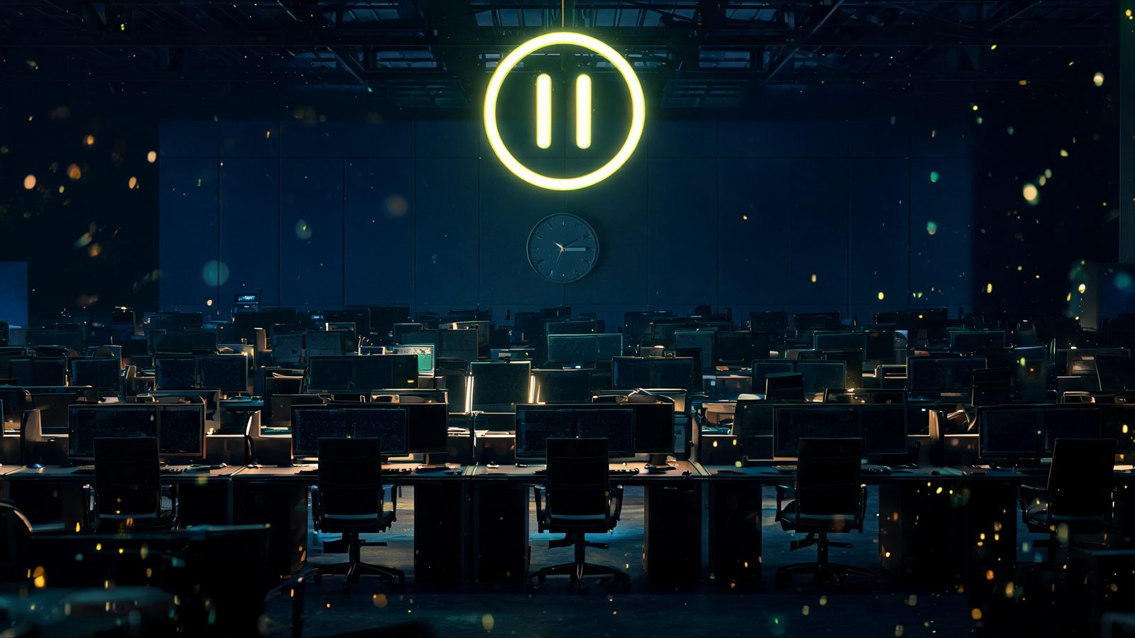 A darkened trading floor at a standstill with frozen monitors and a glowing pause signal above the room