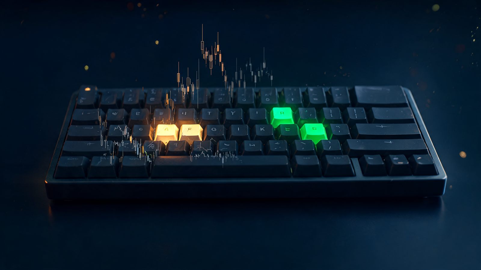 A dark mechanical keyboard with two keys lit in gold and two in emerald green while every other key stays unlit, a small candlestick chart glowing in the air above them