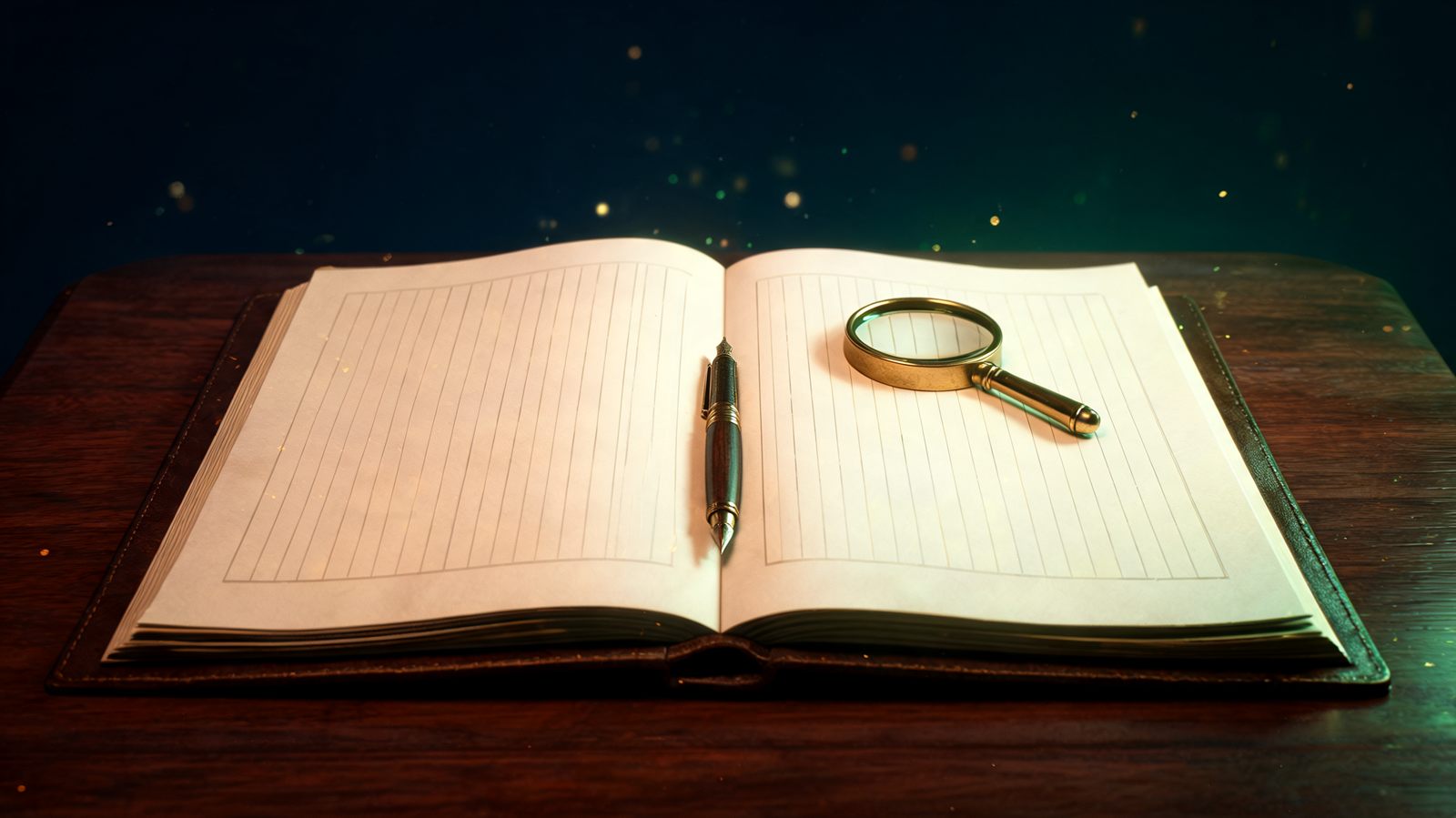 An open leather-bound ledger on a dark desk ruled into handwritten columns, with a fountain pen and a small brass magnifying glass resting on the page