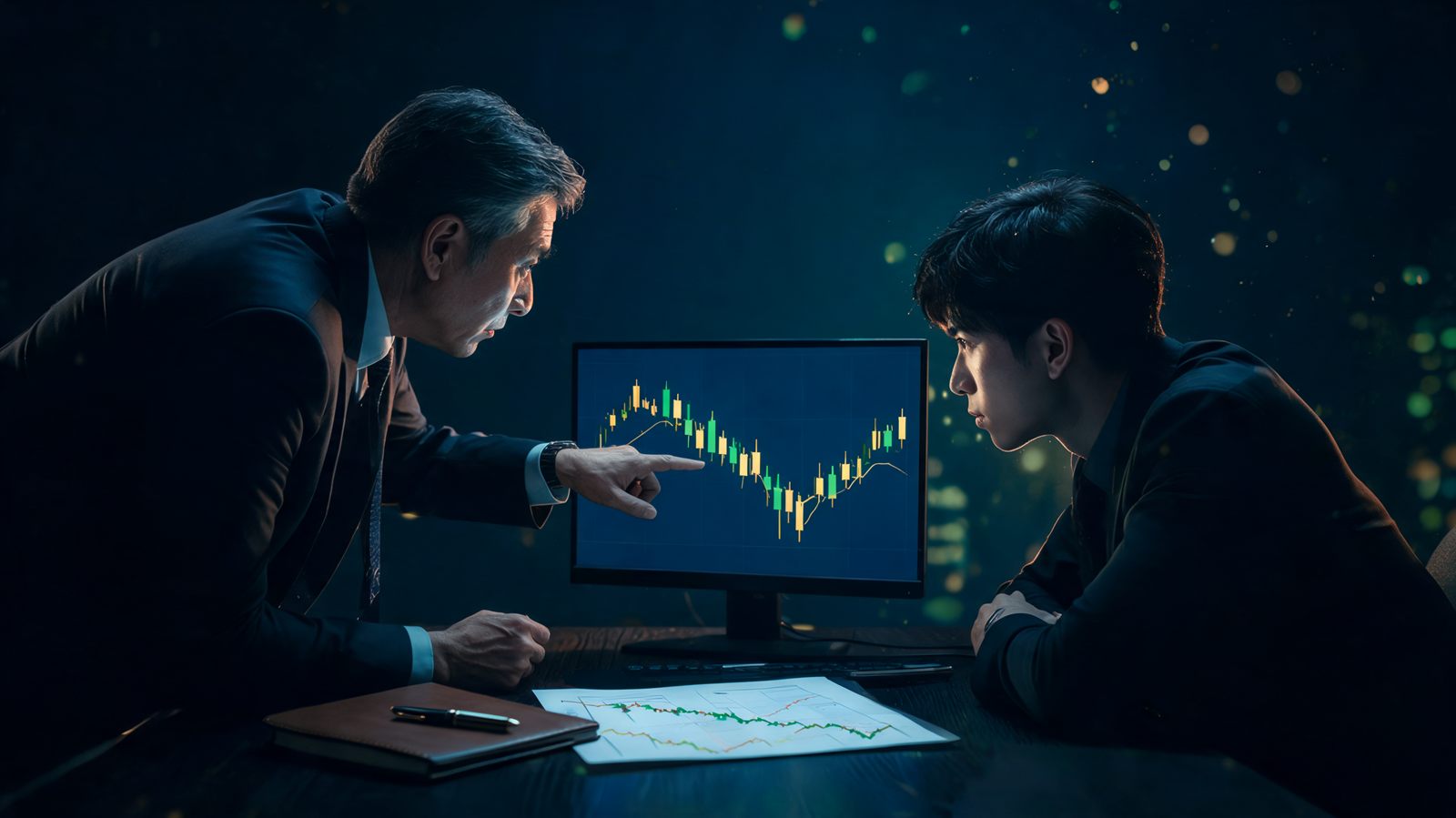 An experienced trader leaning in to point at a candlestick chart on a monitor beside a younger trader