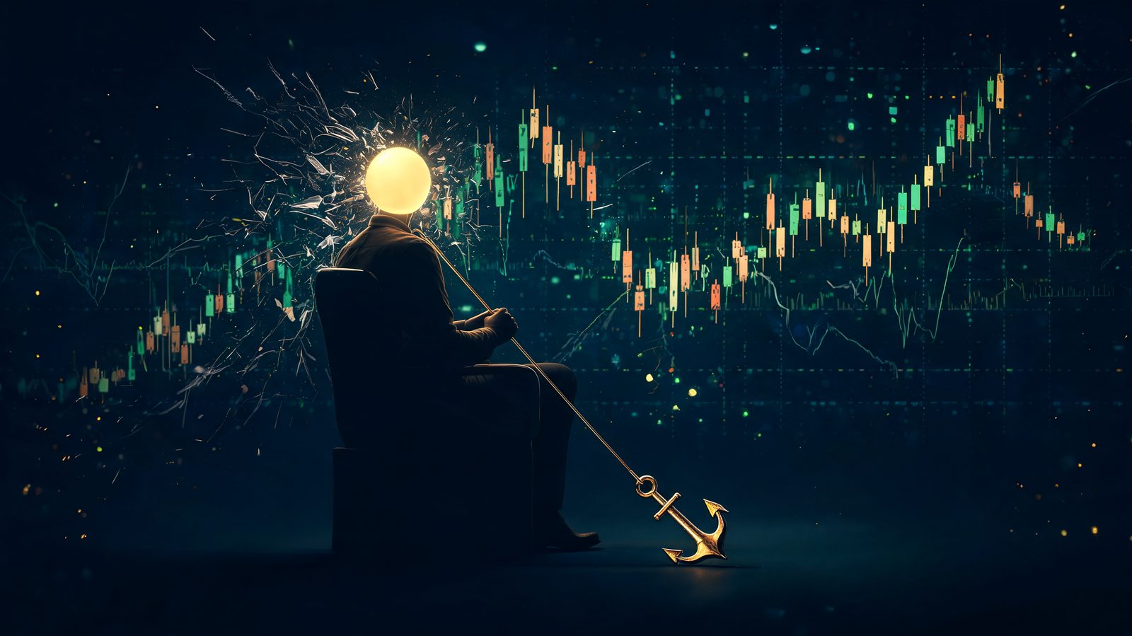 A calm seated figure in silhouette facing a wall of candlestick charts, a still sphere of ordered gold light where chaotic streaks of market noise break apart around them