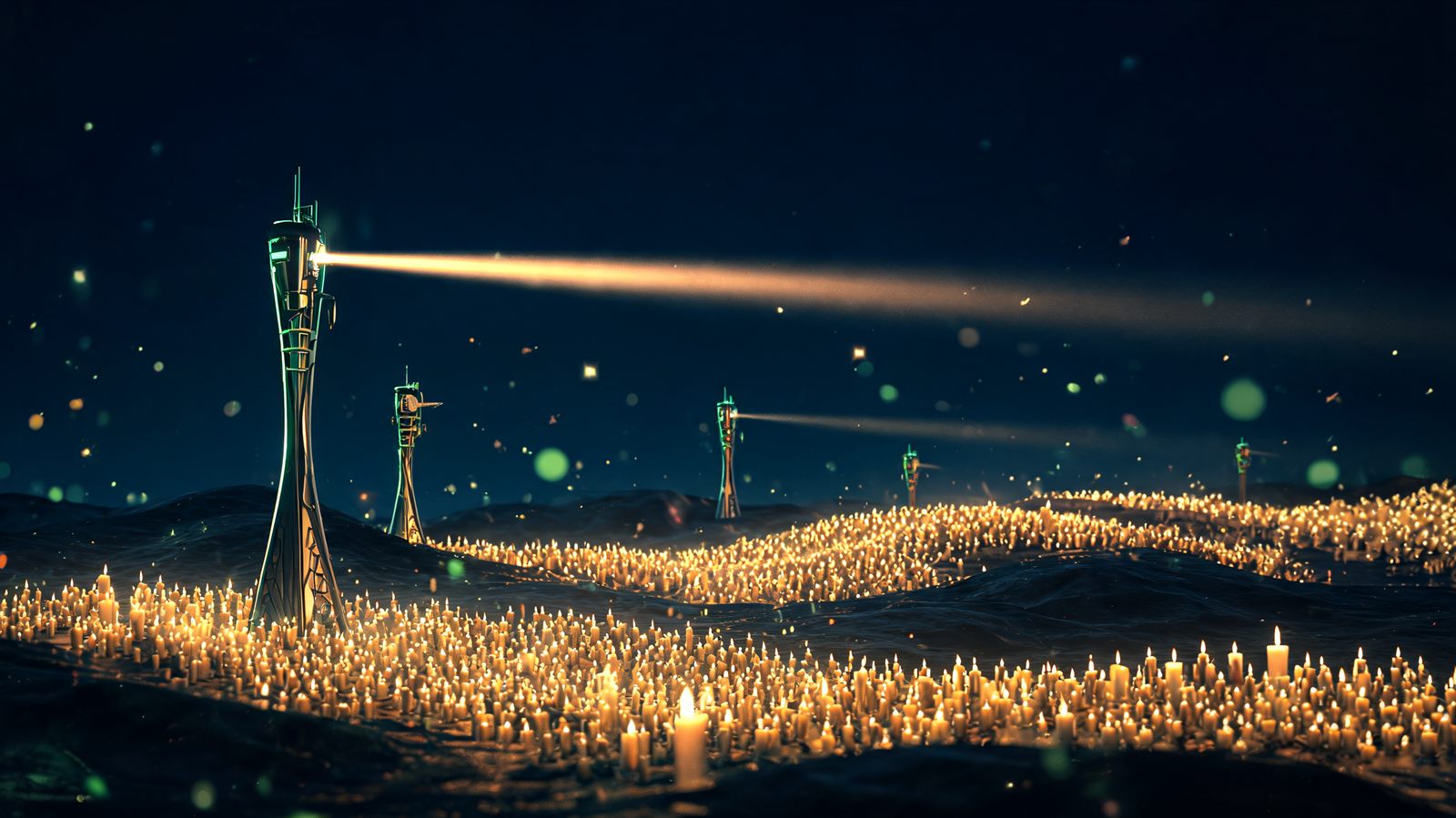 A signal tower casting a narrow beam across a dark sea of glowing candlestick waves with distant relay antennas