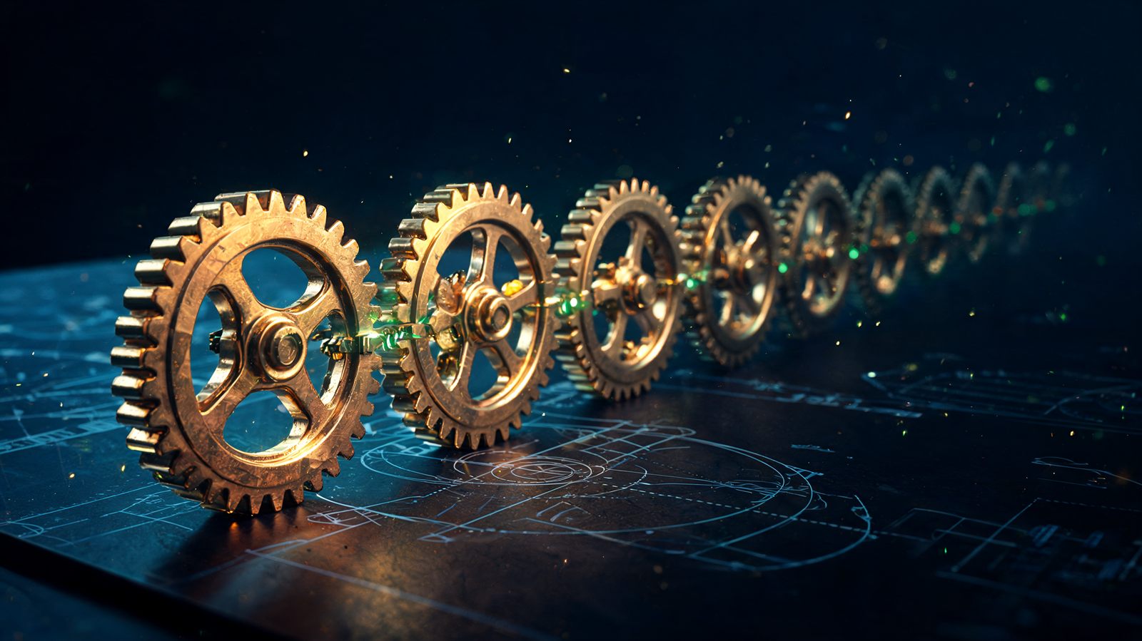 A single brightly lit brass gear meshing into a long receding chain of identical gears above a faint blueprint on a dark desk