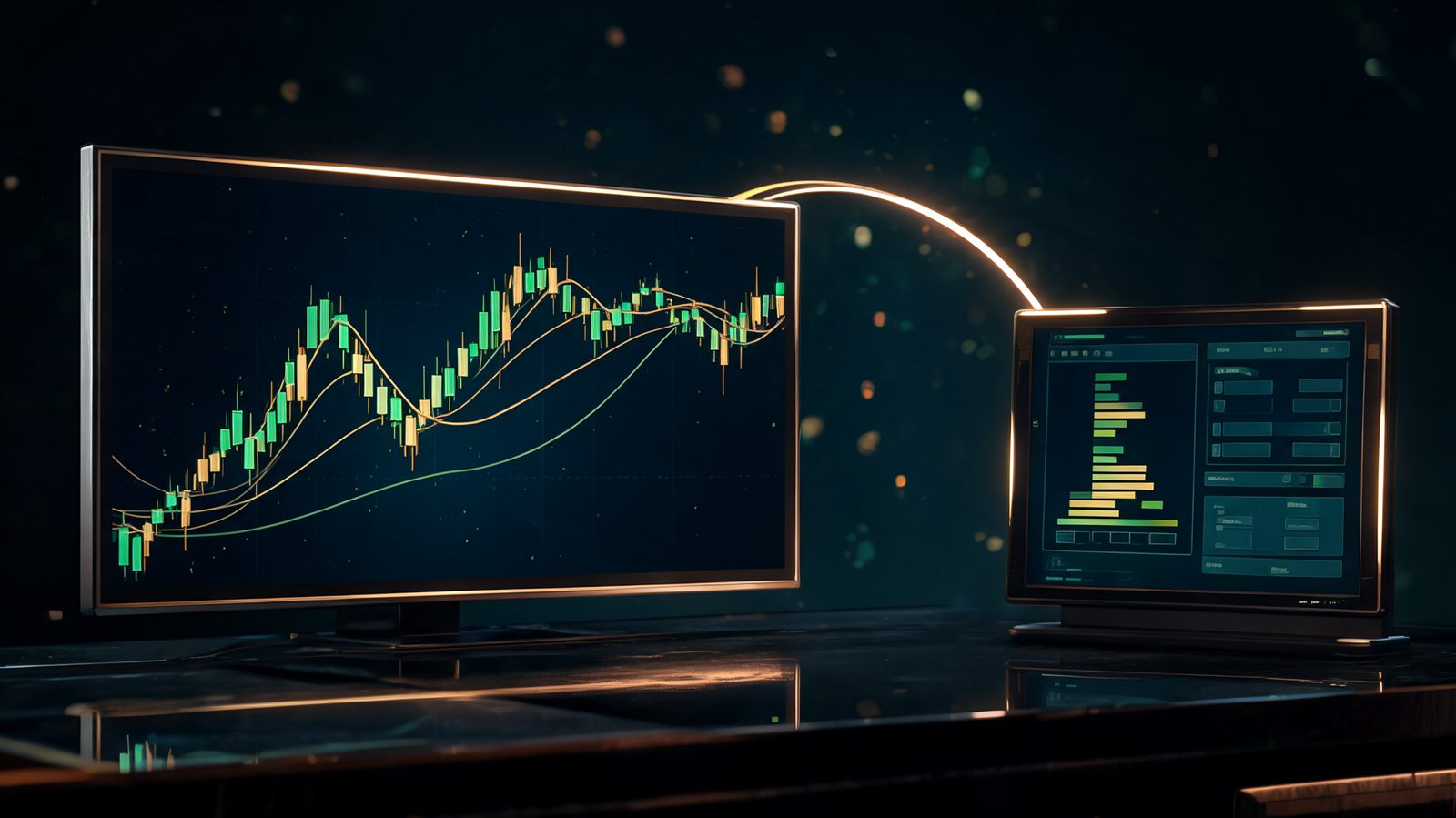 A wide charting display showing green and gold candlesticks connected by an arc of light to a smaller terminal screen showing an order ticket and a depth ladder