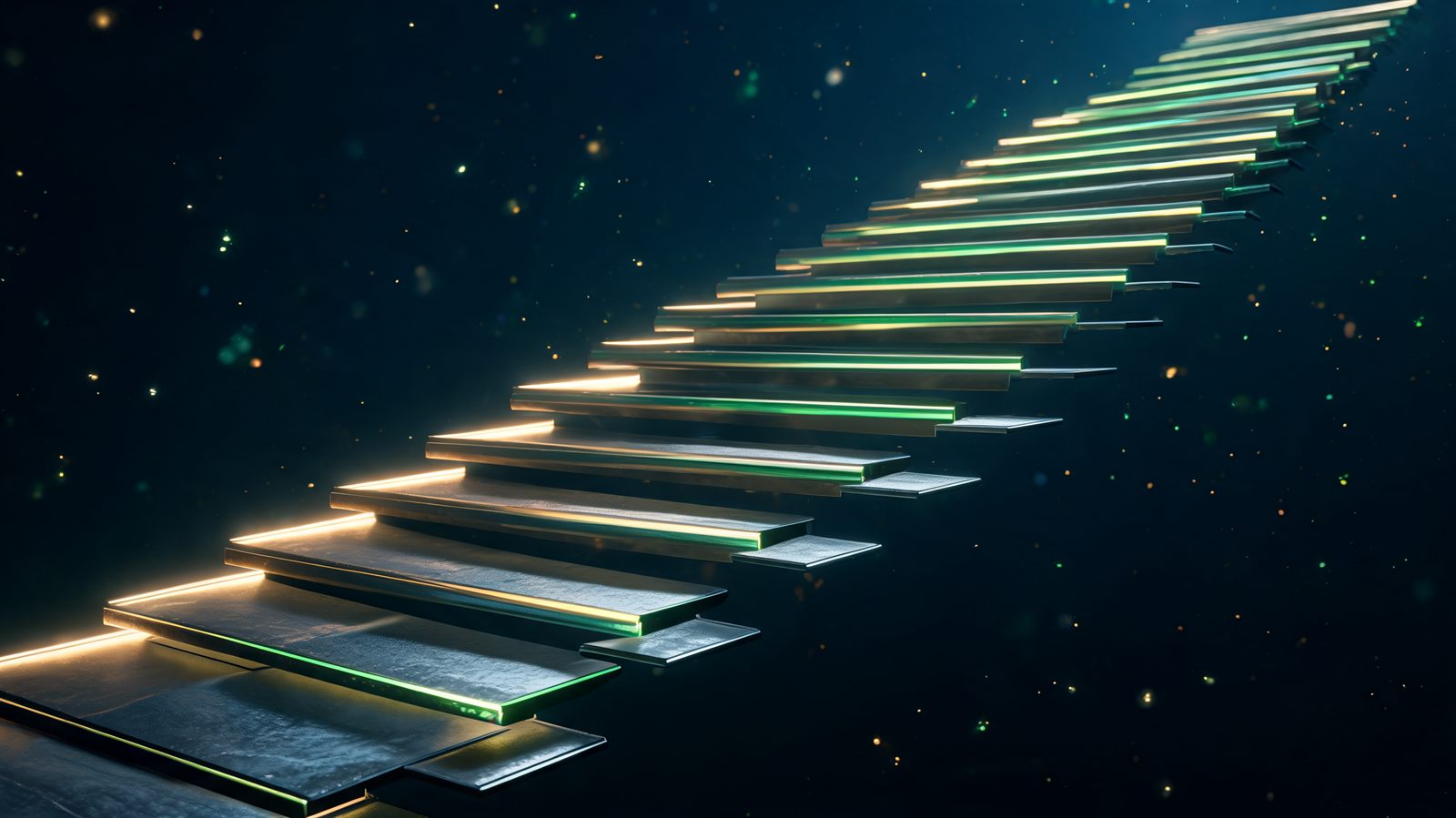A rising staircase of glowing steps above a metal floor plate that lifts to follow each step, the gap between them narrowing toward the top