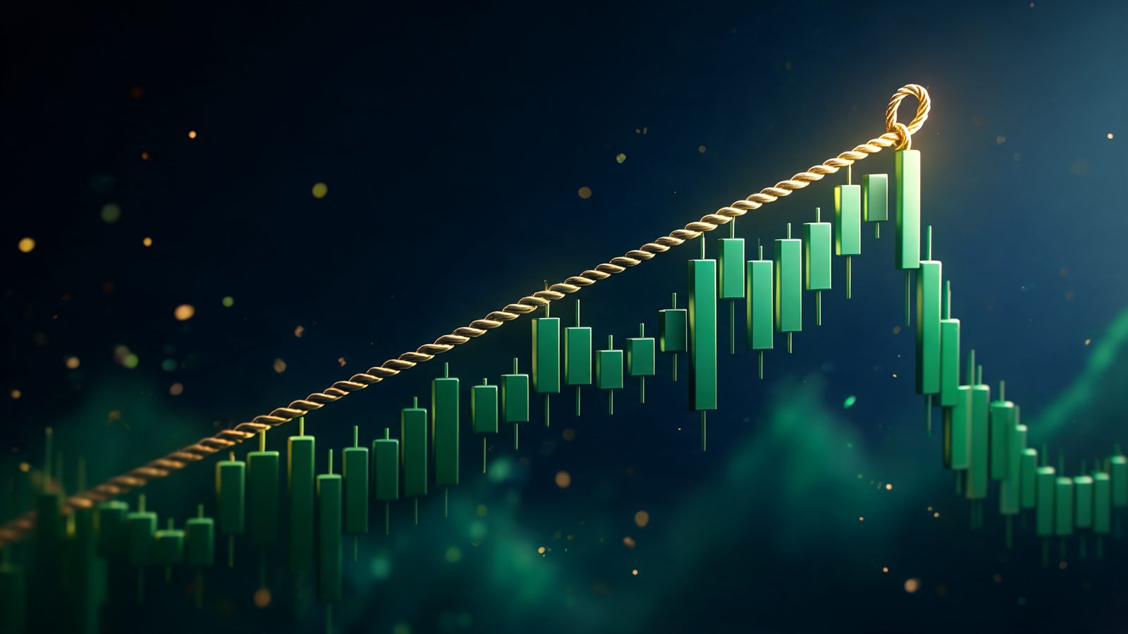A long unbroken ridge of emerald candlesticks rising toward the horizon with a taut gold cable anchored behind the last candle, trailing upward step by step